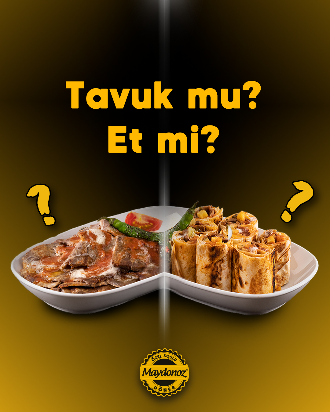 An image showing a split dish with Turkish food. On the left side, there is a plate of Turkish döner with meat, vegetables, and chili. On the right side, there are rolled wraps filled with meat and vegetables. The background is dark with yellow Bengali text in the center asking, "Tavuk mu? Et mı?" which translates to "Chicken or beef?" in English. There are two question marks, one on each side of the dish, and the Maydonoz Döner logo at the bottom.
