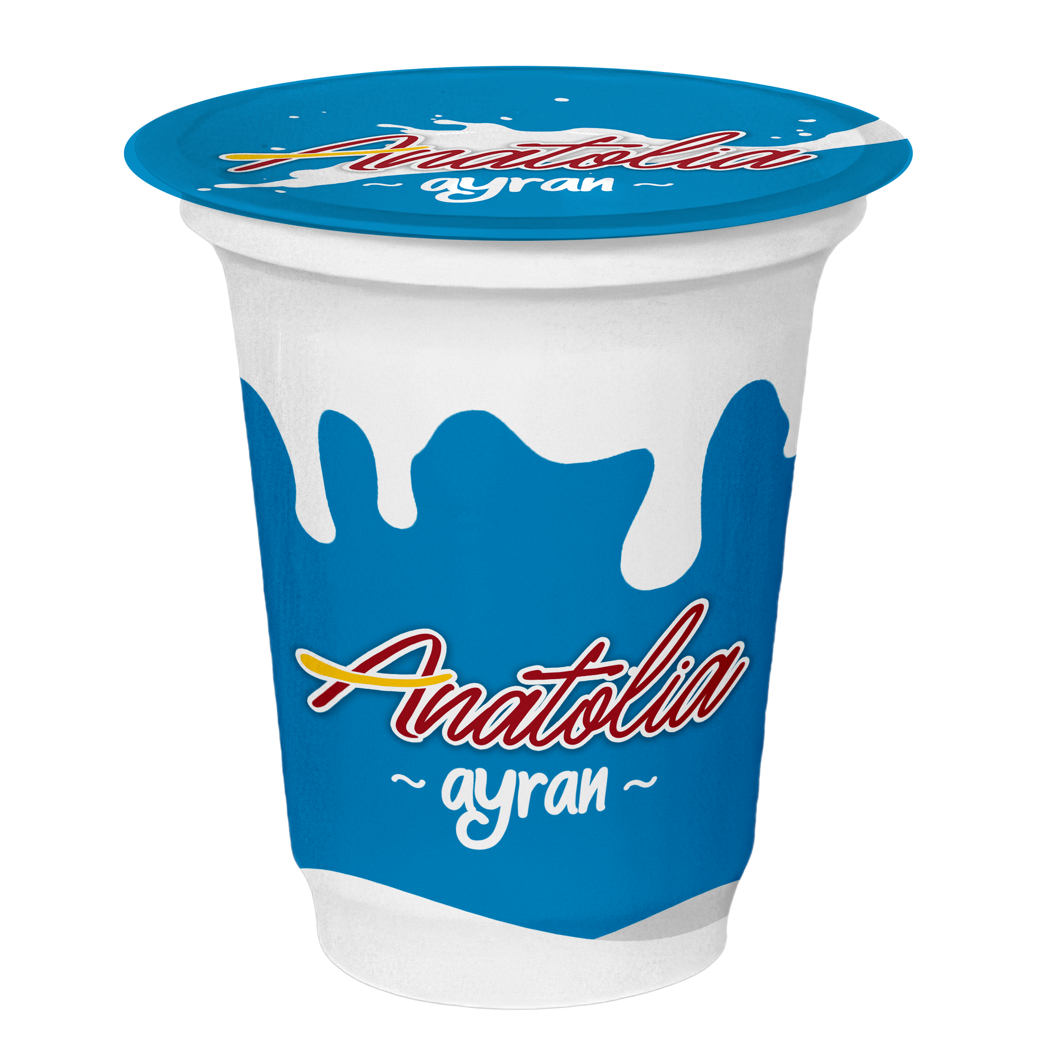 A container of Turkish yogurt with a blue lid and white body, featuring the word 'Turkish' and 'ayran' written on it in red and white text.