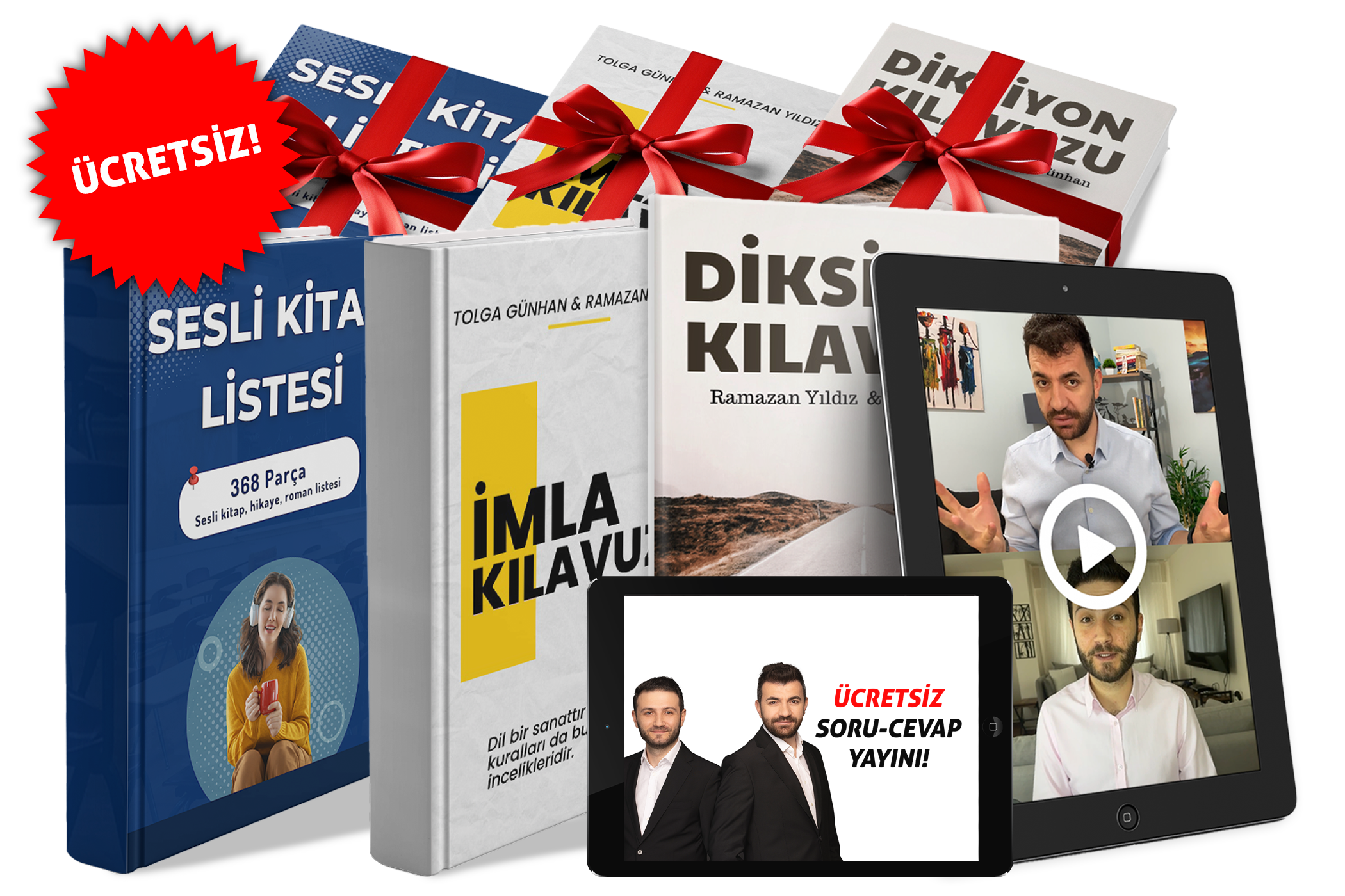 Collection of books and electronic devices with people on screens, some books have red ribbons, and one has a red starburst with 'ÜCRETSİZ!' text in white.