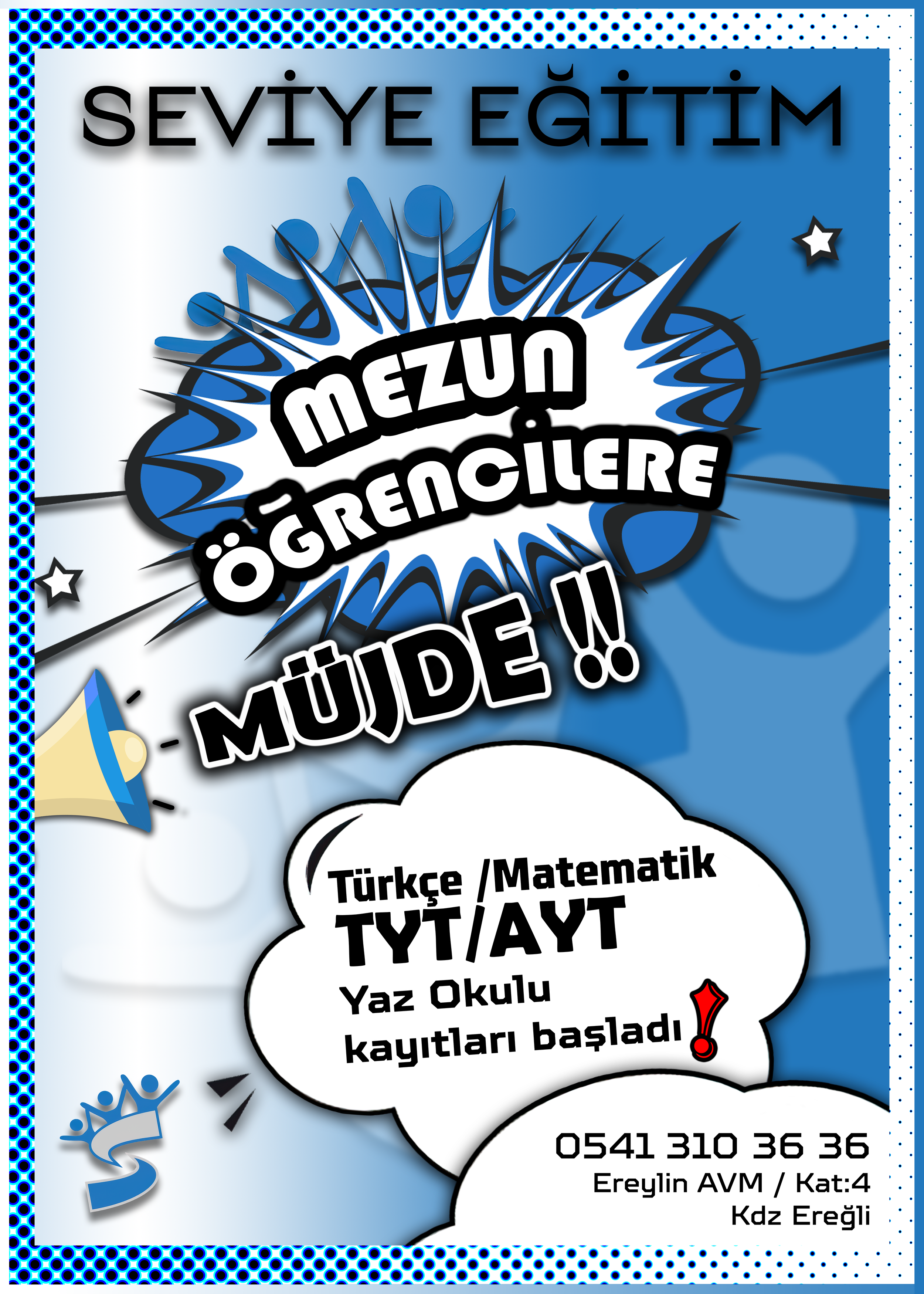 A colorful advertisement poster with blue, white, and black design elements. It contains bold Turkish text promoting summer courses at a writing school, including Turkish and mathematics. A phone number, location details, and a red exclamation mark are visible, with decorative stars and a megaphone graphic.