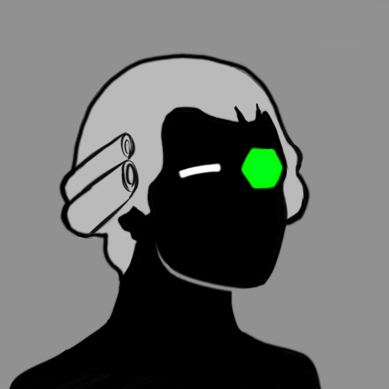 A black silhouette of a person wearing a virtual reality headset with a green lens, holding a gaming controller, against a gray background.