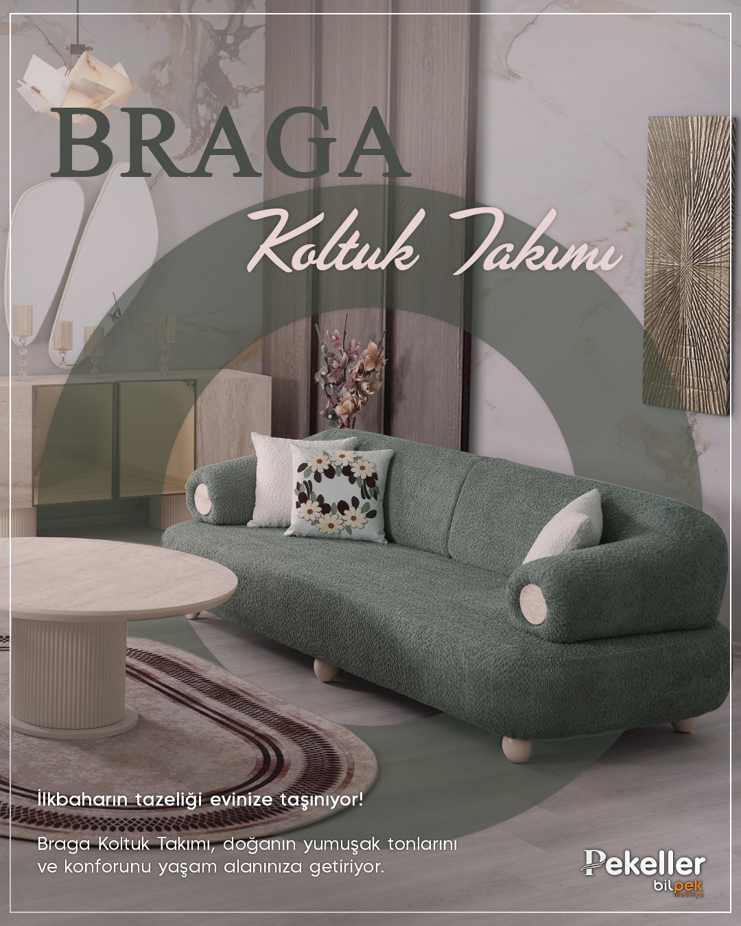 Modern living room with green sofa, patterned pillows, round coffee table, area rug, decorative wall art, and floral arrangement, advertising Braga sofa set.