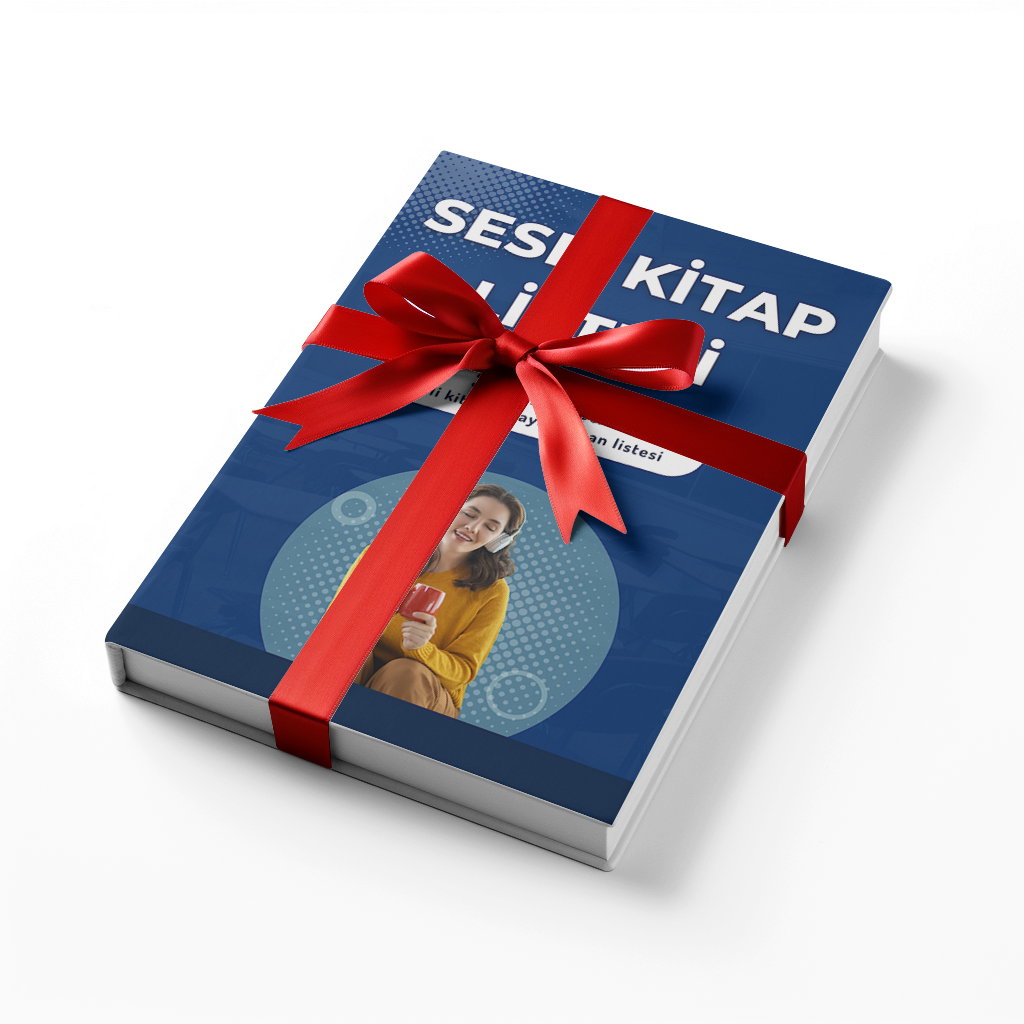 A Turkish language textbook with a red ribbon and bow on top. The cover features a woman listening to headphones and holding a drink.