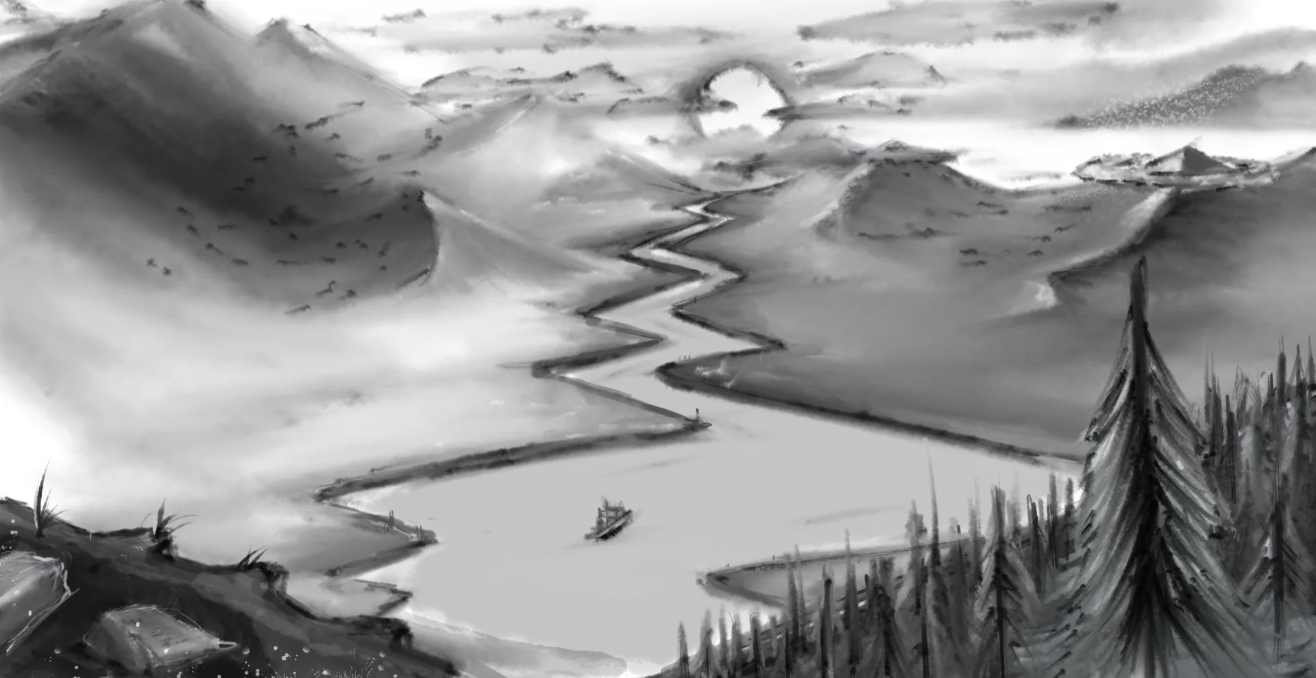A black and white painting depicts a landscape with mountains, a winding river, a boat, and a forest of tall trees in the foreground.