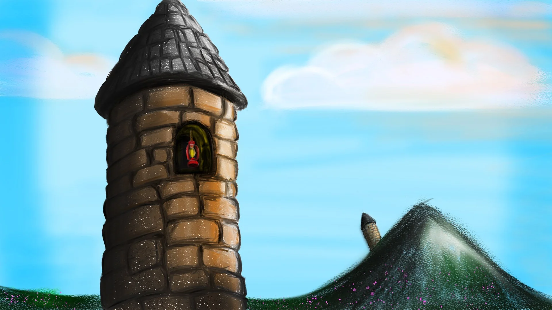 Painting of a tall stone tower with a window showing a lantern, under a partly cloudy sky with mountains and a house in the background.