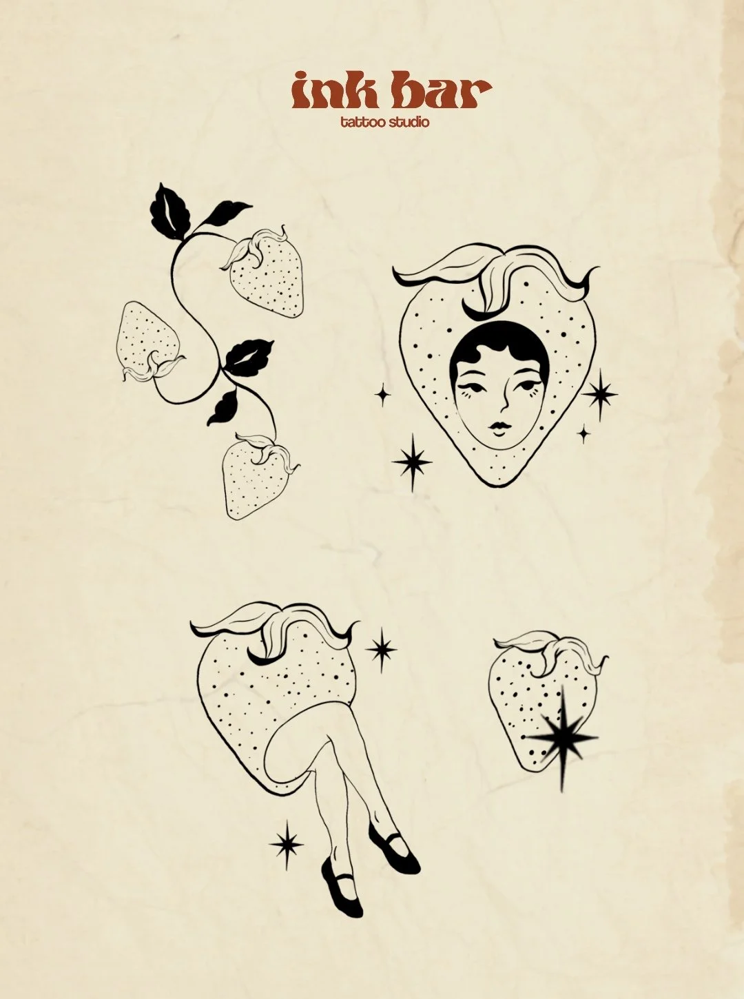 Vintage-style black and white illustration of strawberries with leaves, a woman's face inside a strawberry, a person with strawberry body and legs crossed at ankles, and a partial strawberry with sparkles, on a beige background, with the text "ink ba