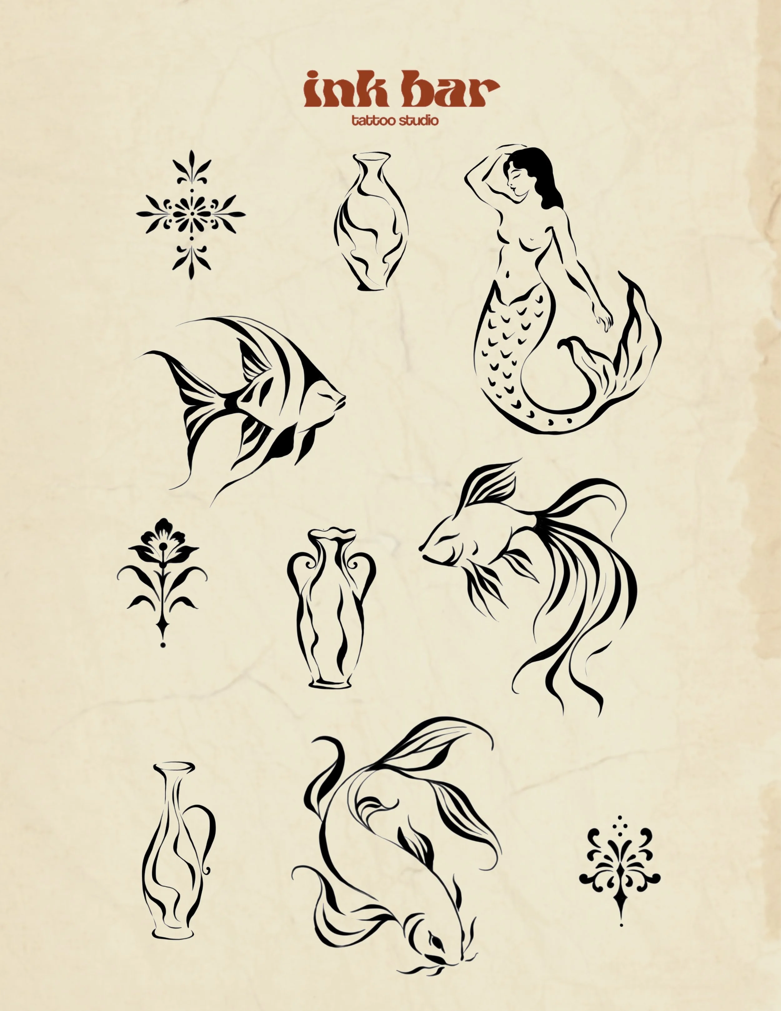 Black line drawings of oriental style flowers, fish, a mermaid, and vases on a beige background, with the logo 'ink bar tattoo studio' at the top.