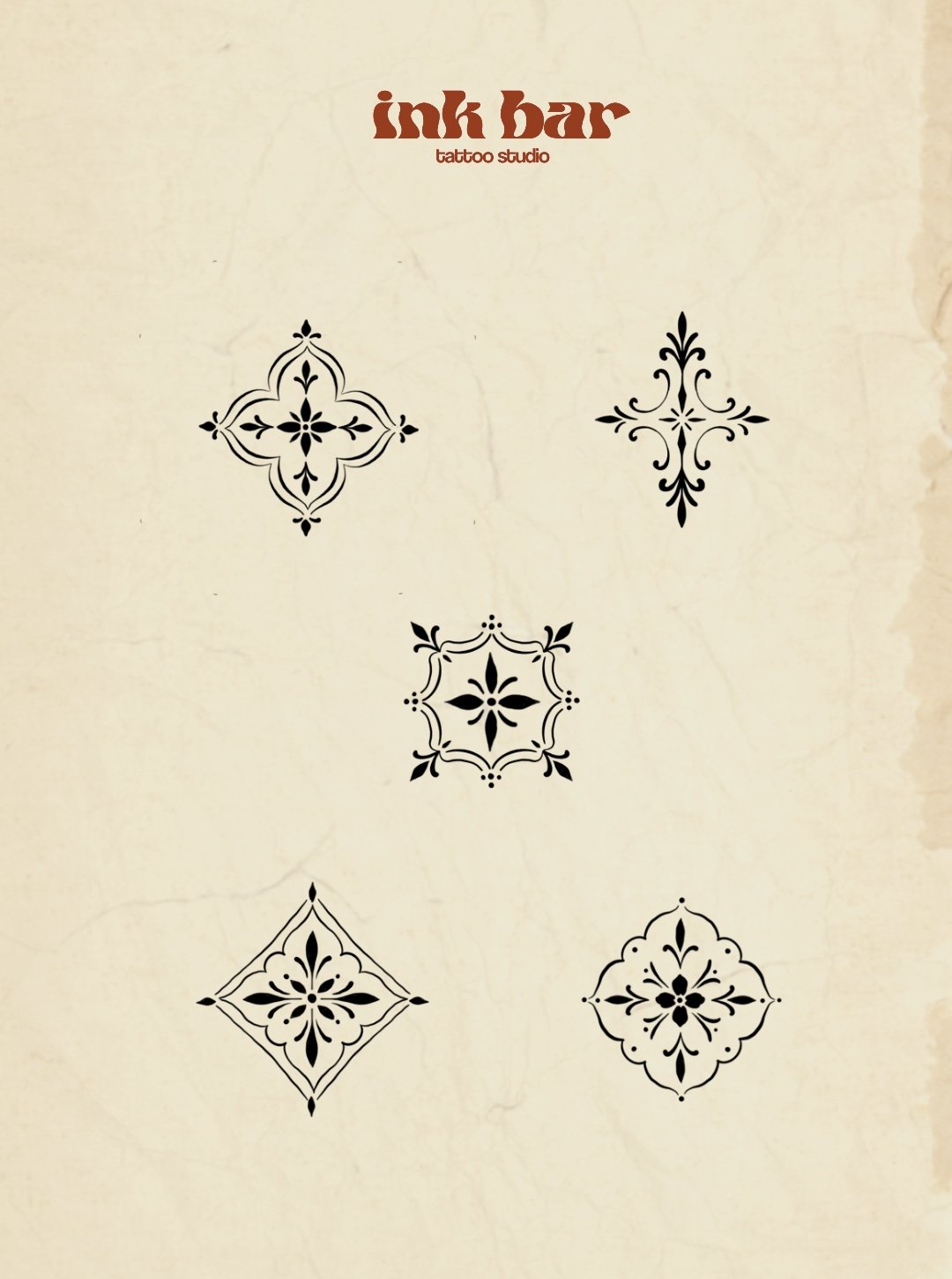 Designs of five black tattoo stencil patterns arranged on a beige background with a vintage look, titled 'ink bar tattoo studio' at the top.