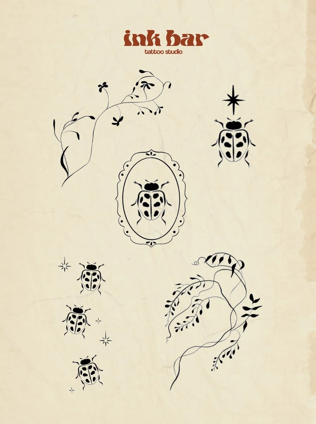Design of black ink tattoo flash sheet featuring ladybug motifs, botanical elements, and decorative frames, with the text 'ink bar tattoo studio' in brown at the top.