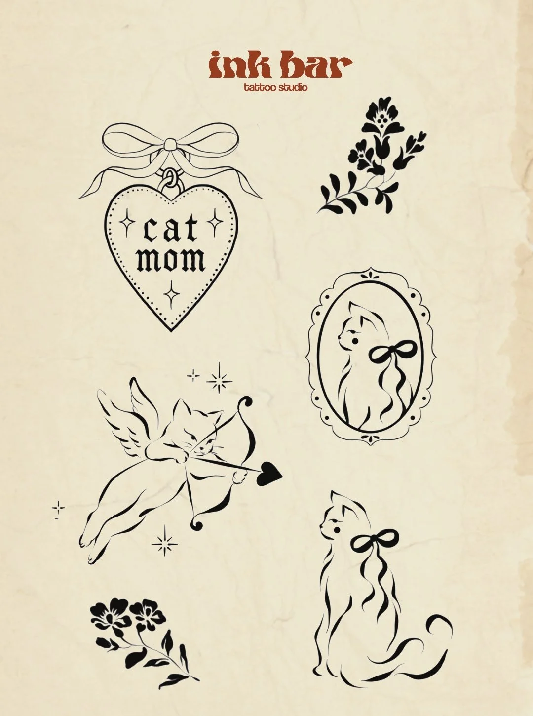 Tattoo designs featuring a heart with the words "cat mom", a floral pattern, a framed profile of a cat with a bow, a flying Cupid with a bow and arrow, and floral accents.