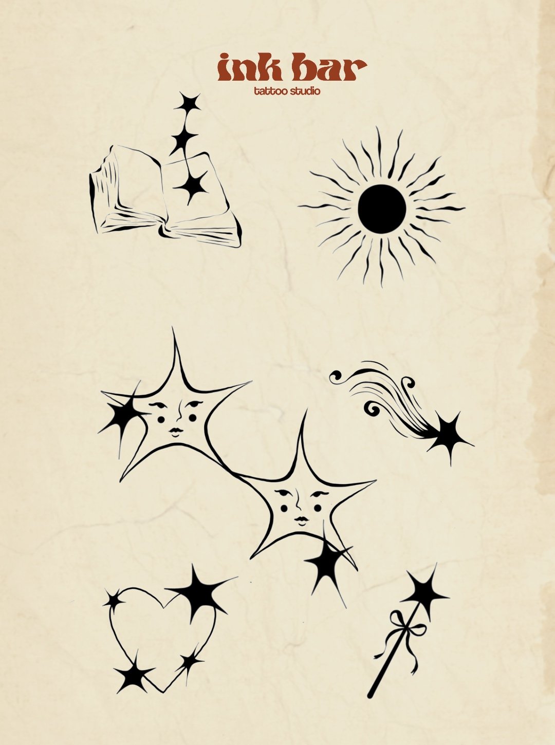 Various black tattoo designs including stars, a sun, a book, faces within star shapes, a heart, and a magic wand, with the text 'ink bar tattoo studio' at the top.