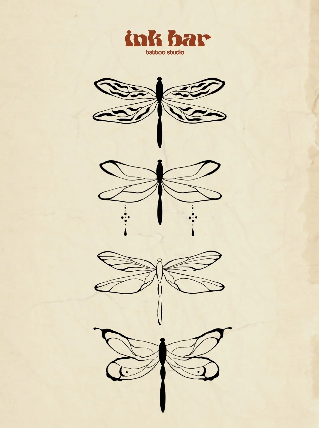 Design with four stylized dragonflies aligned vertically, each with distinct wing patterns, above the text "ink bar tattoo studio" in brown and red letters.