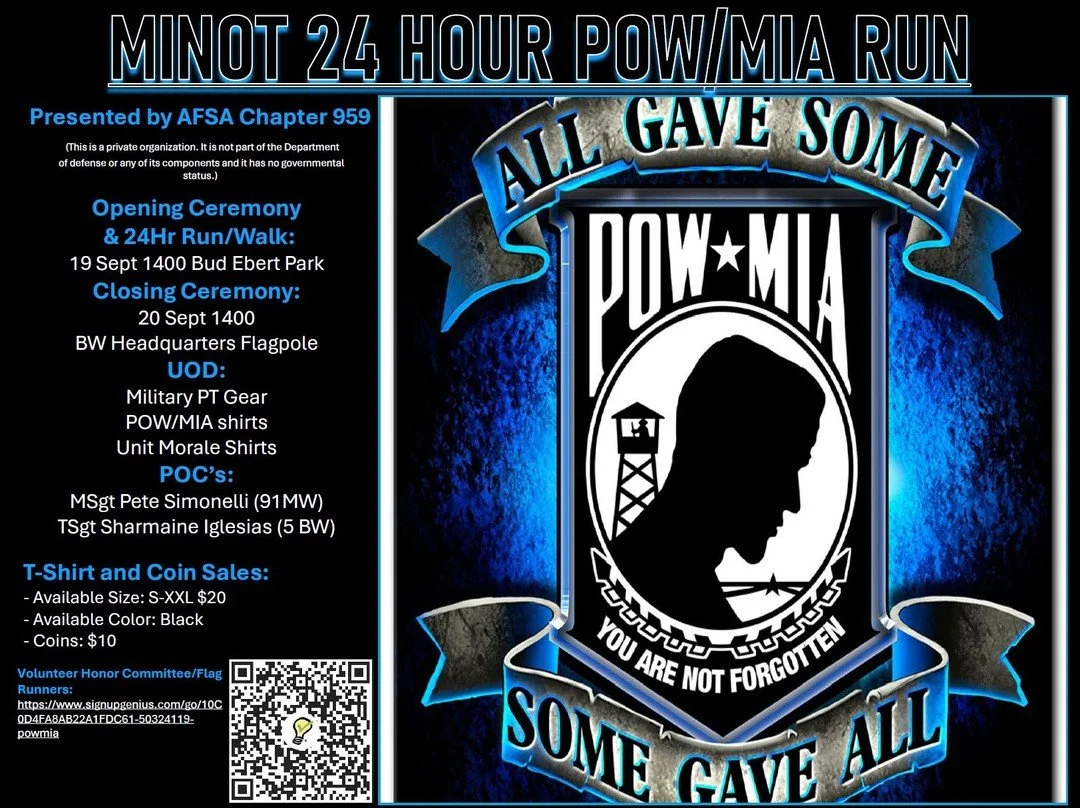 AFSA Chapter 959 invites the community of Minot AFB to participate in the upcoming 24 hour POW/MIA run! 🇺🇸

Please see the flyer for details and use the QR code to sign up. 

#support #community #sacrifice