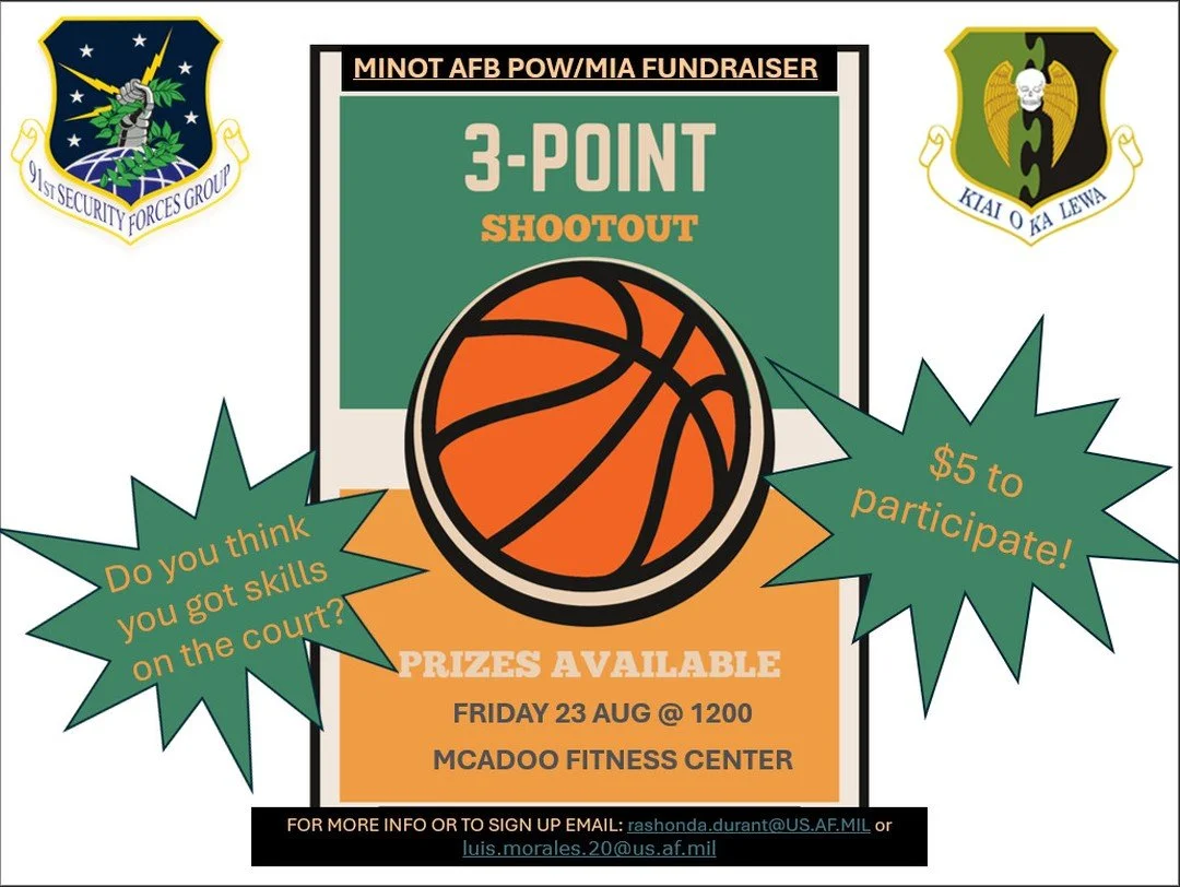 It's going down Friday 23 Aug @ 1200! Bragging rights are on the line to become Minot's best 3-point shooter! We will see you there. 🏀😎🏆

#AFSA #POW/MIA #minotafb