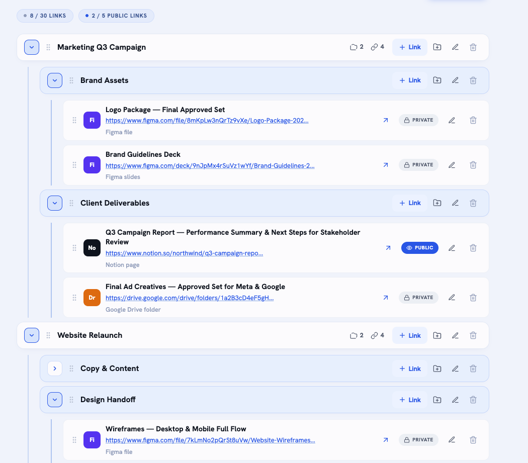 Screenshot of a project management board outlining a marketing Q3 campaign. The board includes sections for brand assets, client deliverables, website relaunch, copy and content, and design handoff. Links to Figma files, Google Drive folders, Notion pages, and wireframes are listed under respective sections.