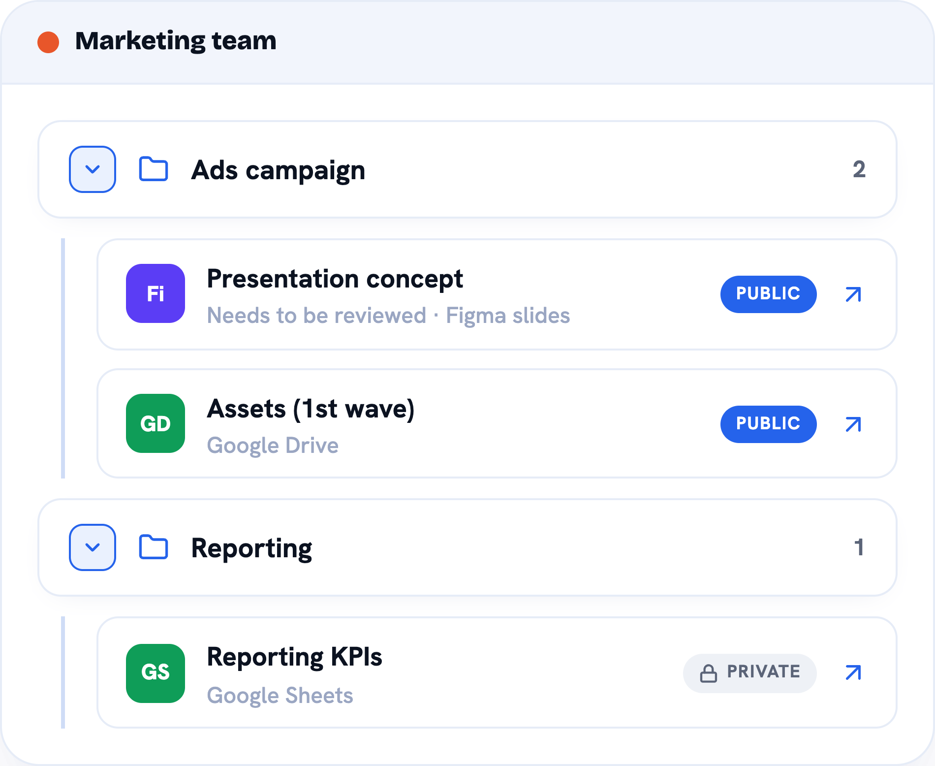 Screenshot of a digital file management platform showing folders and files related to marketing, including 'Ads campaign', 'Presentation concept', 'Assets', and 'Reporting KPIs'.