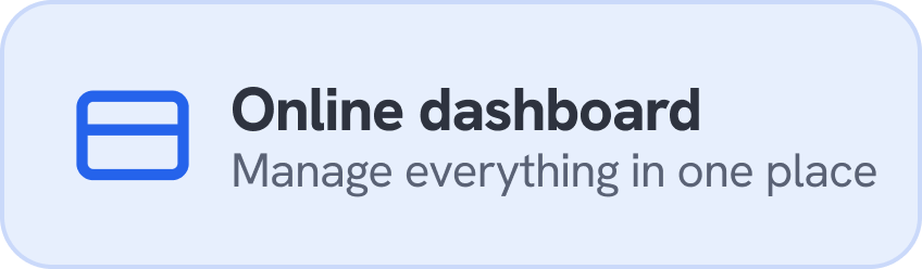 Online dashboard icon with text 'Online dashboard' and subtitle 'Manage everything in one place'