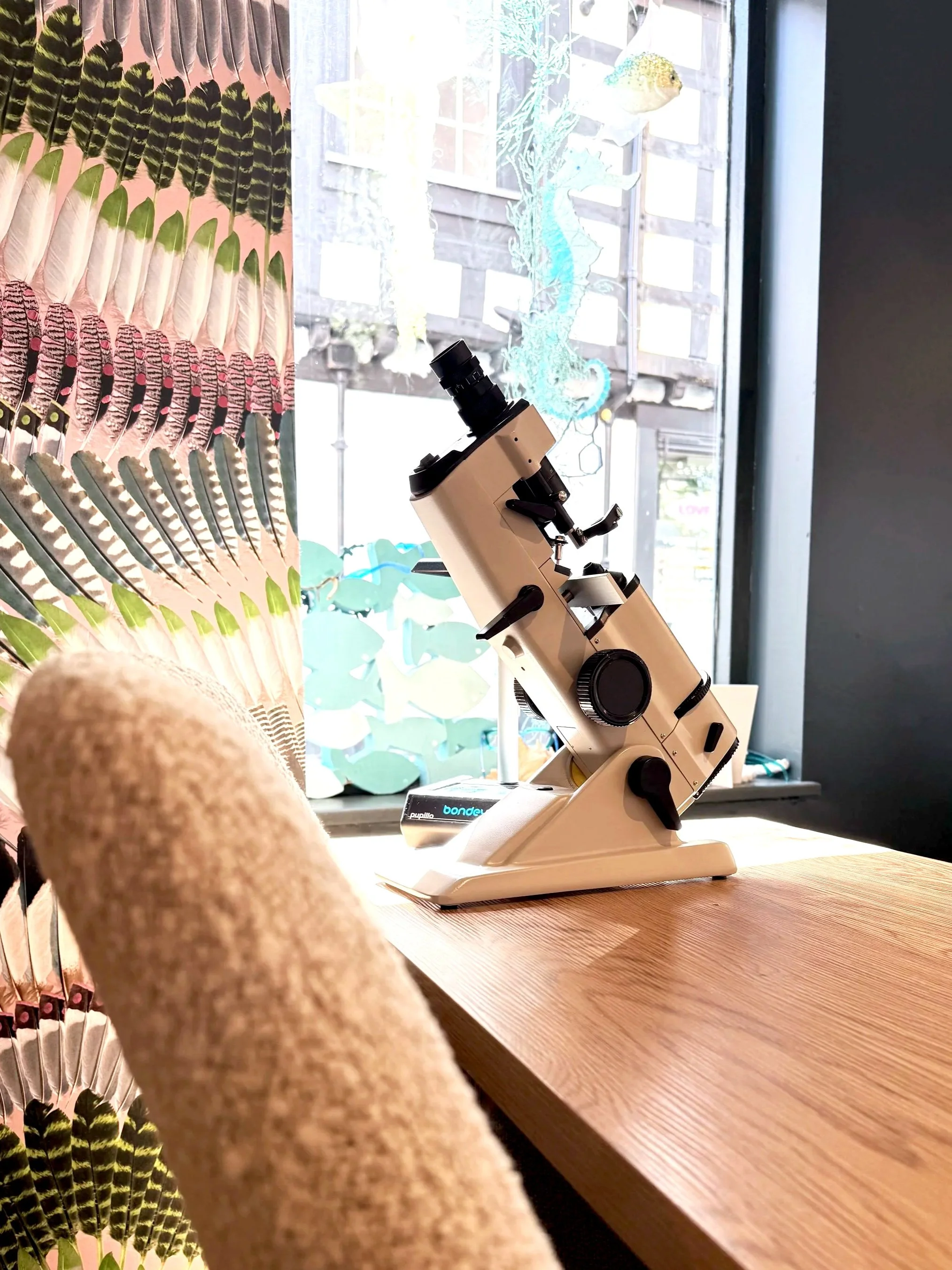 A view of a microscope on a wooden table near a window, with decorative items in the background and part of a person's arm and beige clothing visible in the foreground.