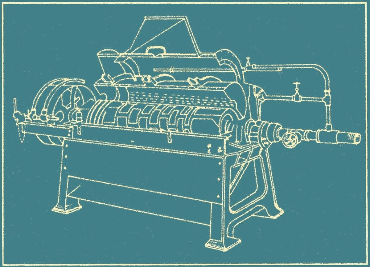 The Aquapulpa, the first machine of its kind, was developed as both a pulper and mucilage remover for Robusta coffee. From: R. Wilbaux.