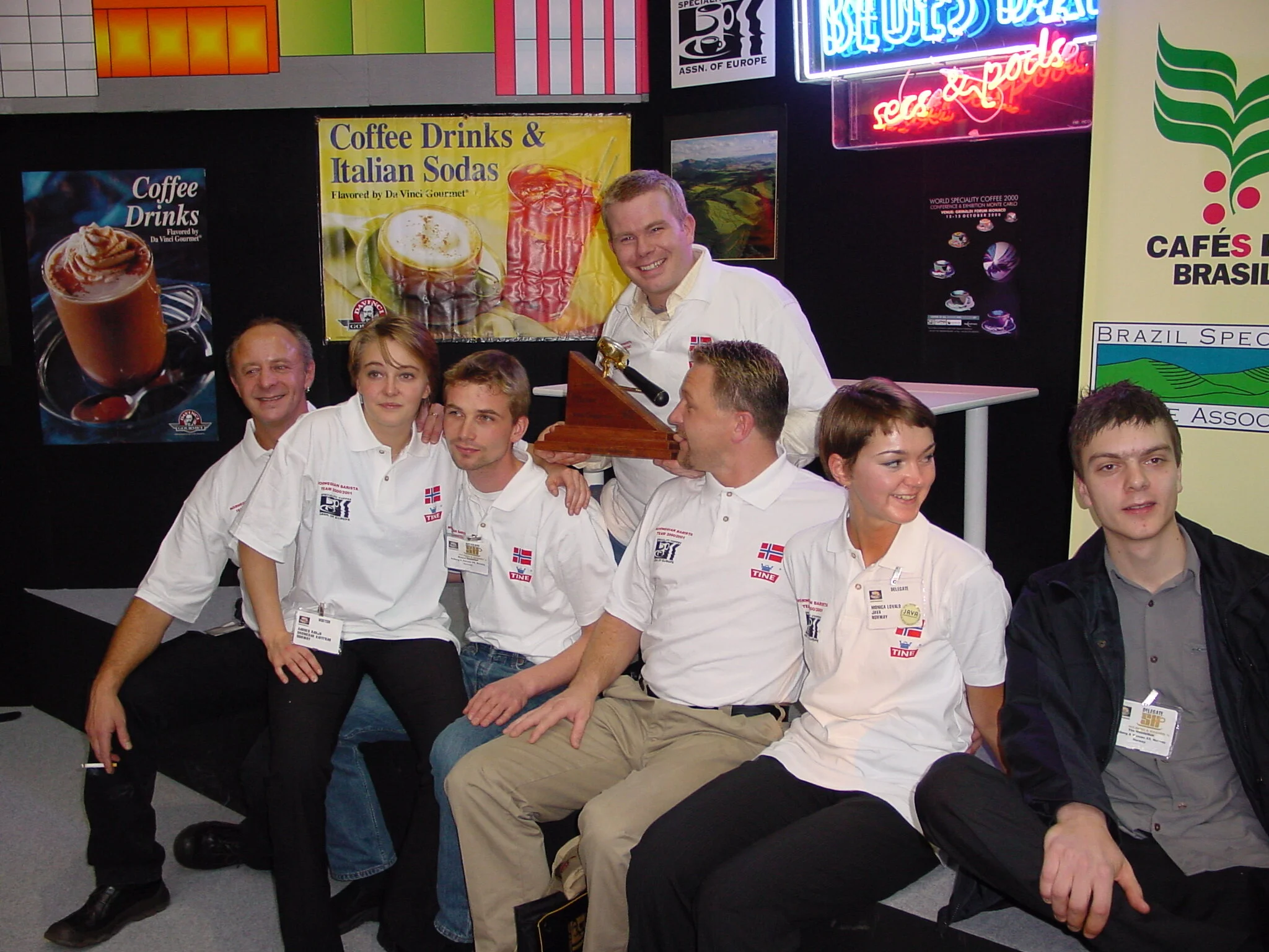 Robert Thoresen and his team pose for a photo after Robert was crowned the first-ever World Barista Champion in Monte Carlo (2000).
