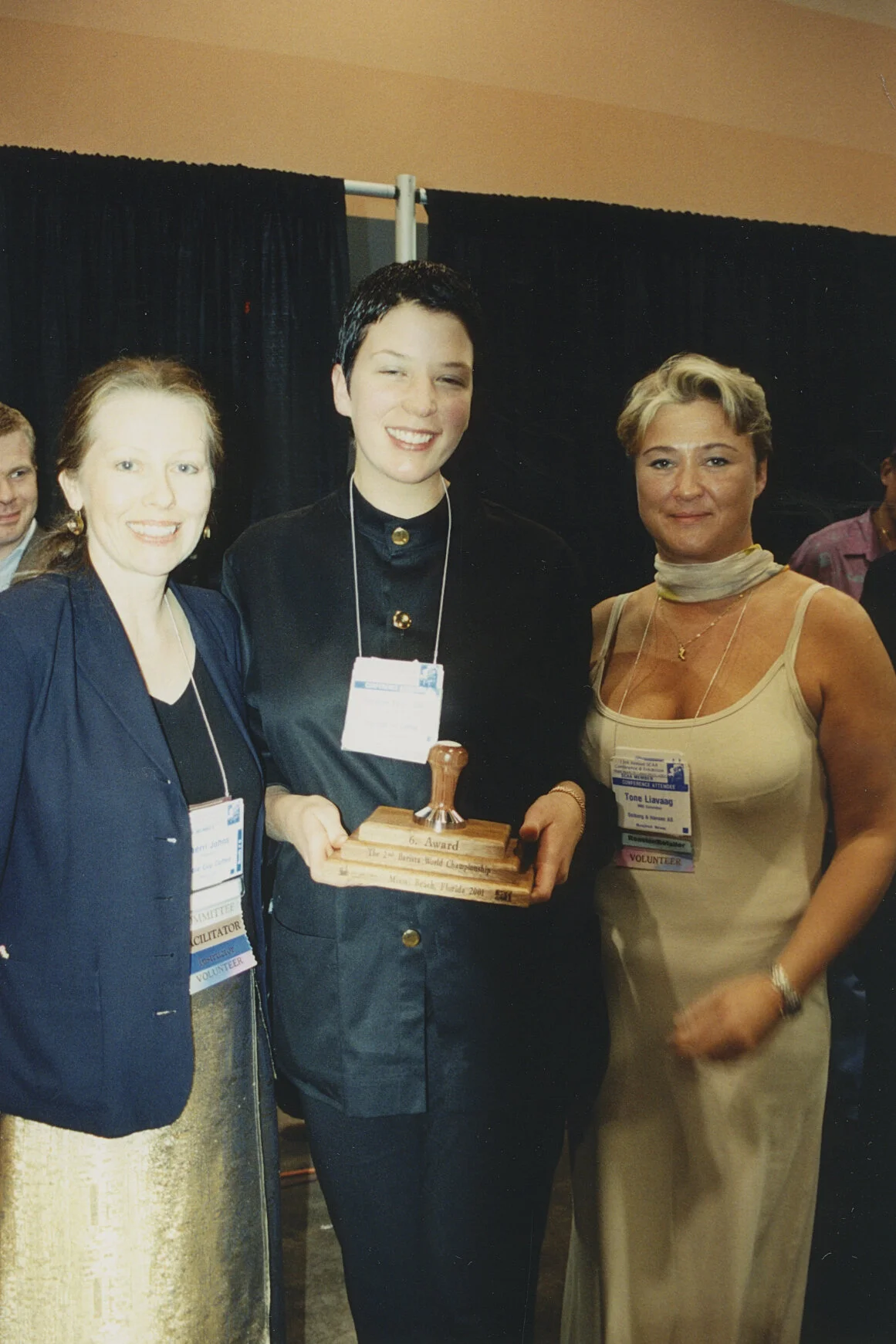 Co-organizer Sherri Johns (left), competitor Corinne Tweedale of Australia (center), and co-organizer Tone Elin Liavaag (right) at the 2001 WBC in Miami.