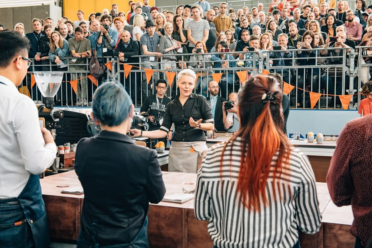 Agnieszka serves the judges during the finals round of the 2018 World Barista Championship in Amsterdam.