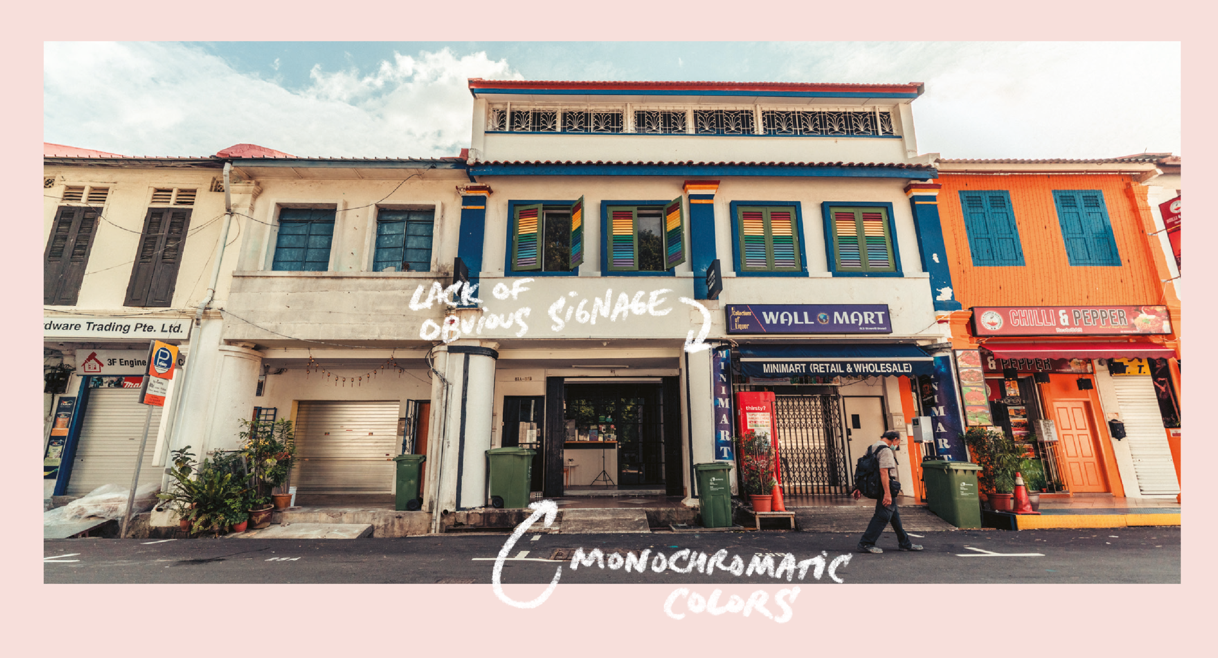 The sheltered walkway outside the café is known as a "five-foot way," named after the typical width of an early-Singapore design feature meant to create a continuous covered passage along streets.
