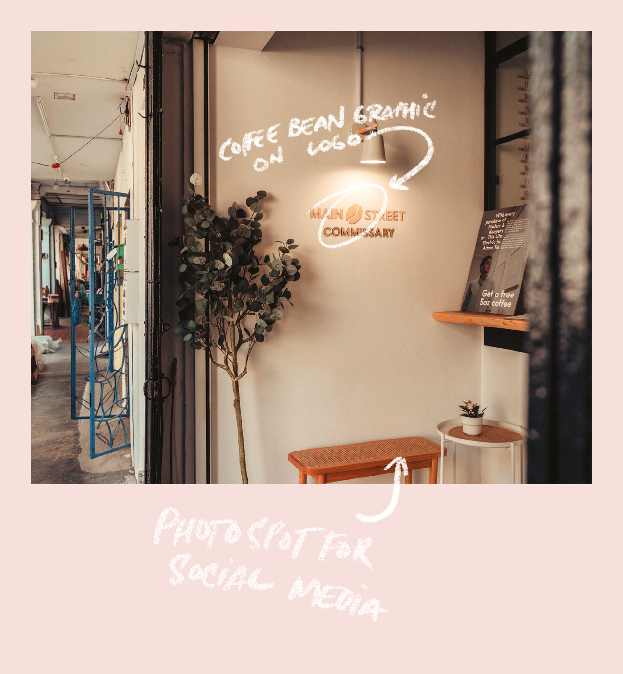 Specialty coffee shop Main Street Commissary has created a little nook with the café's name and a bench where customers can often be seen snapping a shot for social media.