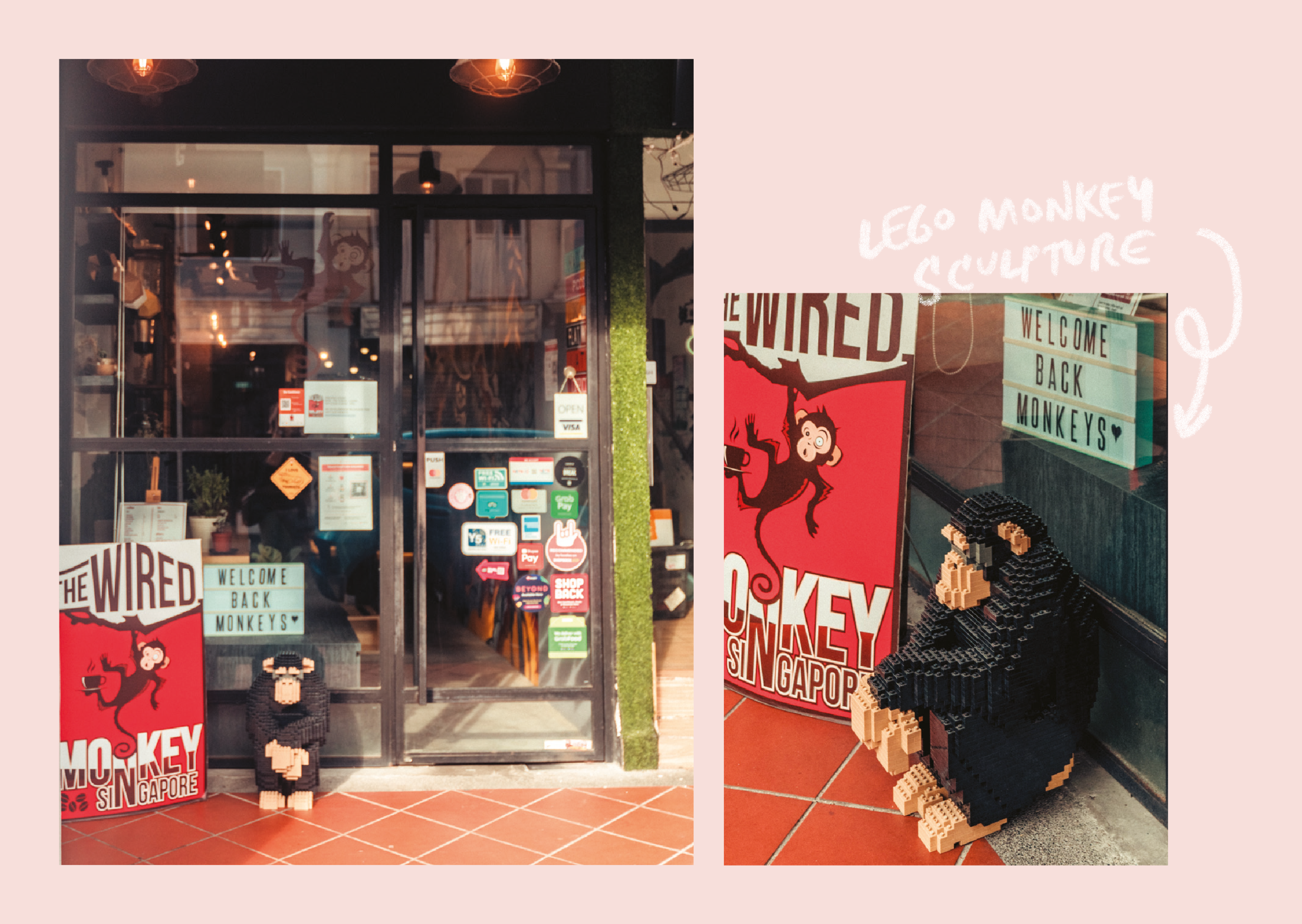 In comparison to the large signage of its neighbors, the café is instead marked by a small hanging sign and a Lego monkey sculpture by its door.