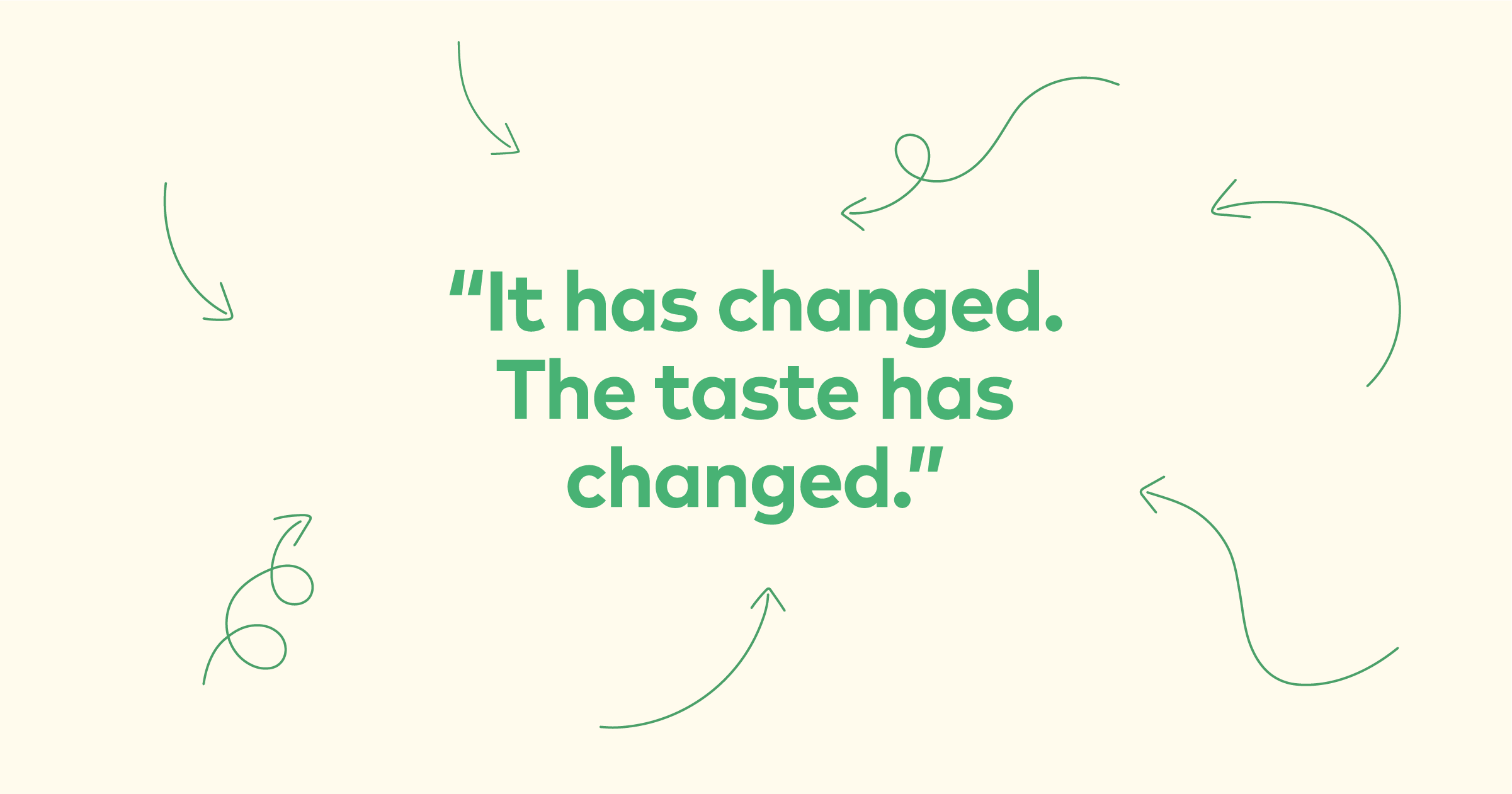 Green text on cream background, surrounded by arrows. "It has changed. The taste has changed."
