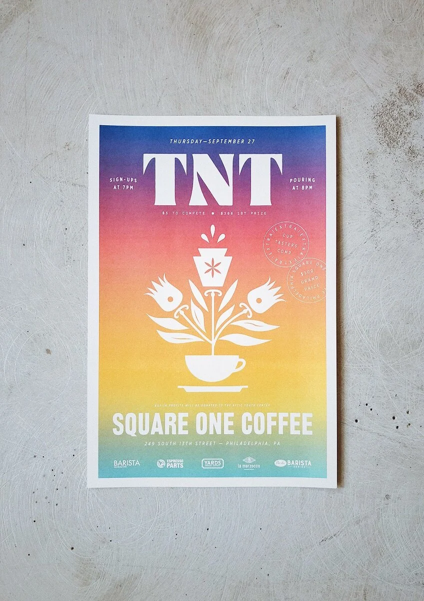Square One Coffee Roasters submitted various applications of their brand to print collateral, including a colorful latte art throwdown poster