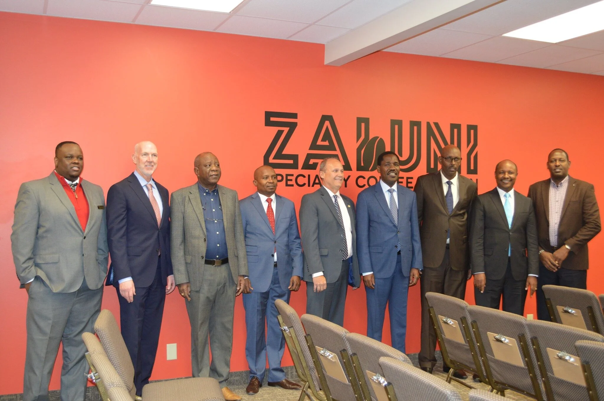 At the launch of Zabuni Specialty Coffee Auction in Grand Island, Nebraska. From left to right:&nbsp; Laban Njuguna – Founder/CEO, Zabuni Specialty Coffee Auction; Dave Taylor – President, Grand Island Area Economic Development Corporation; Sen. Pet…