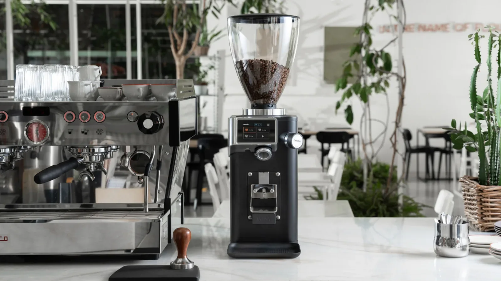 Espresso grinder alongside espresso machine