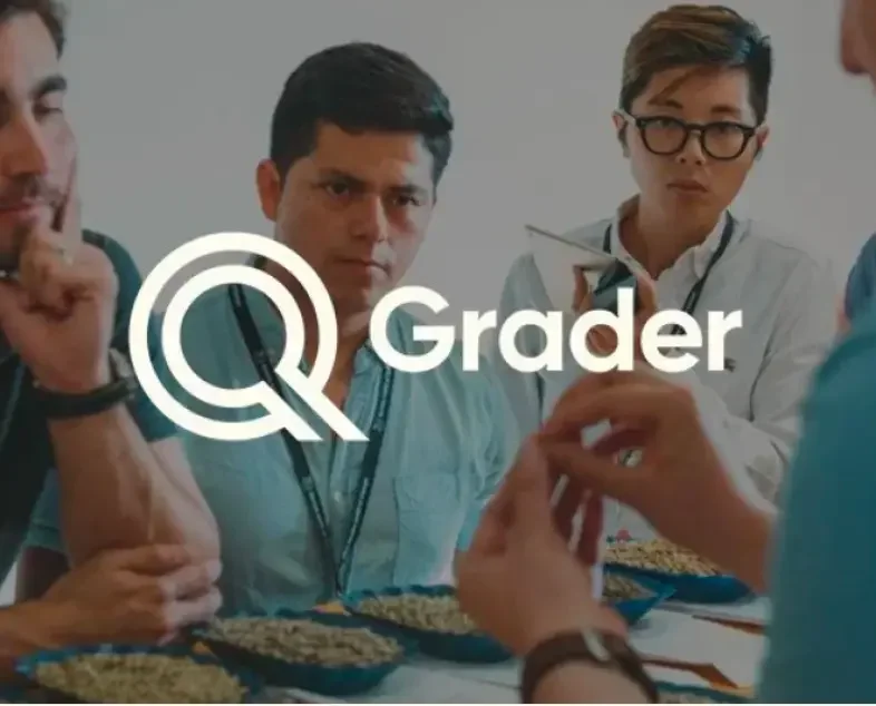 Image of learners at a table with green coffee beans with the words “Q Grader” on top?