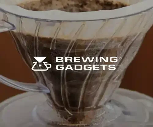 Brewing Gadgets logo on top of an image of V60 brewing apparatus