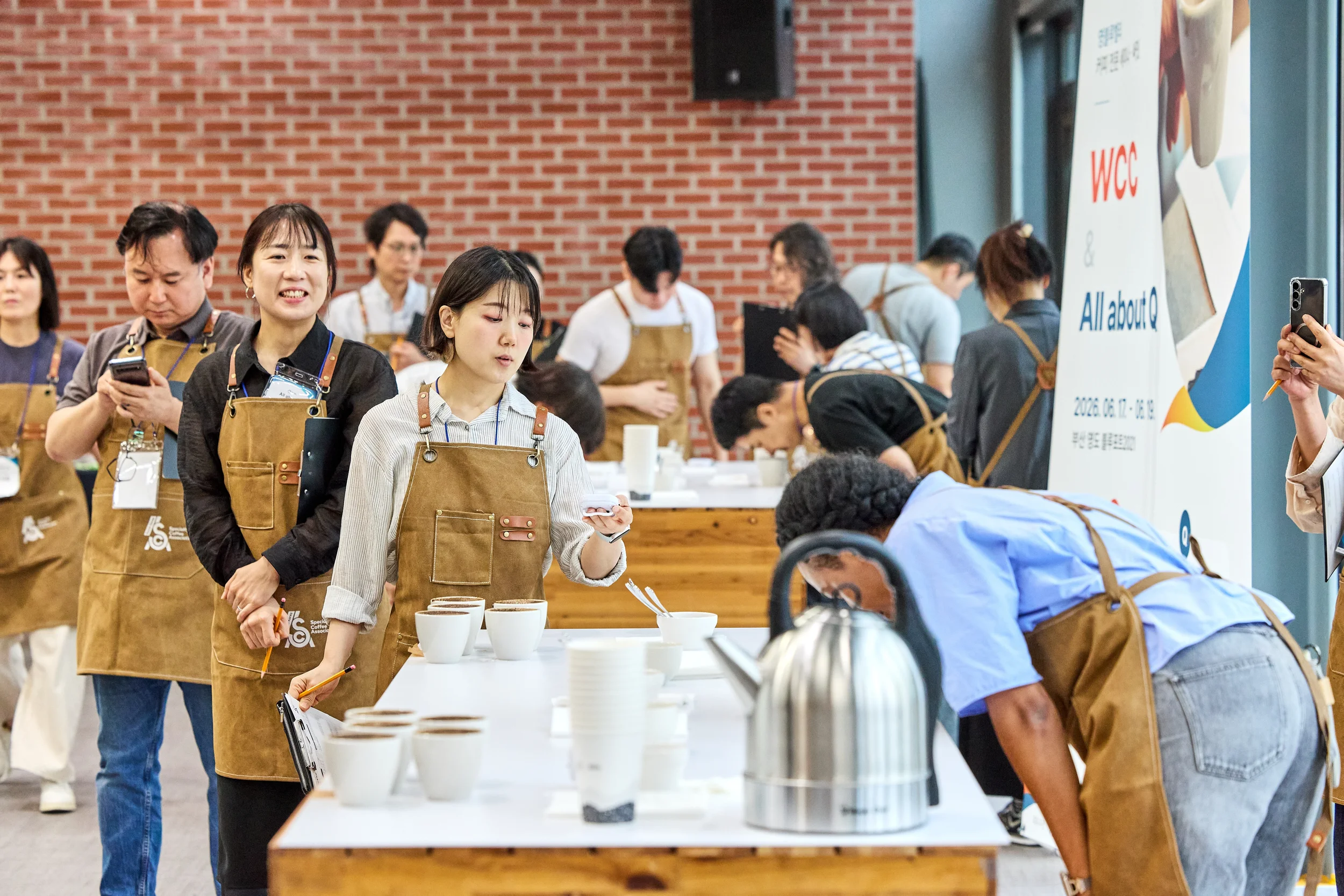 Attendees of a Q Grader class in Korea cupping coffees.