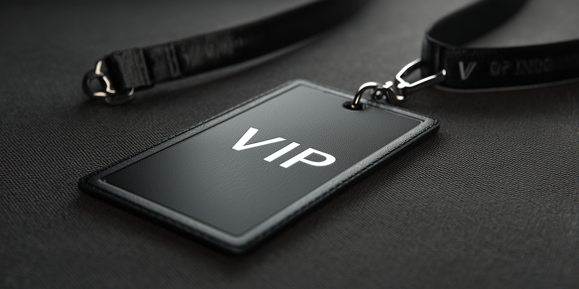 Black VIP pass badge with lanyard on a dark textured surface.