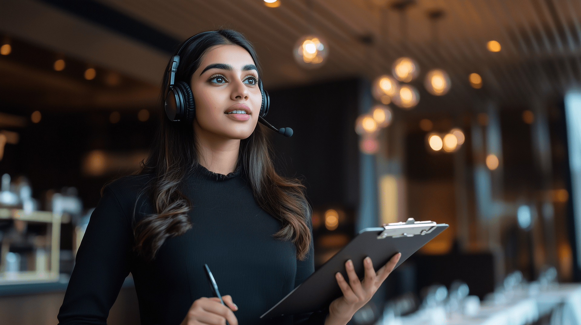 A young woman working at an event managing logistics, with a headset, holding a tablet and pen, with warm lighting.