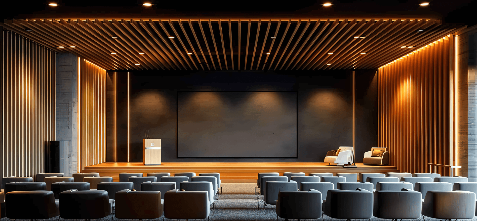Modern conference room with a stage, wooden slat ceiling, chairs arranged facing the stage, and a large blank screen or board at the front.