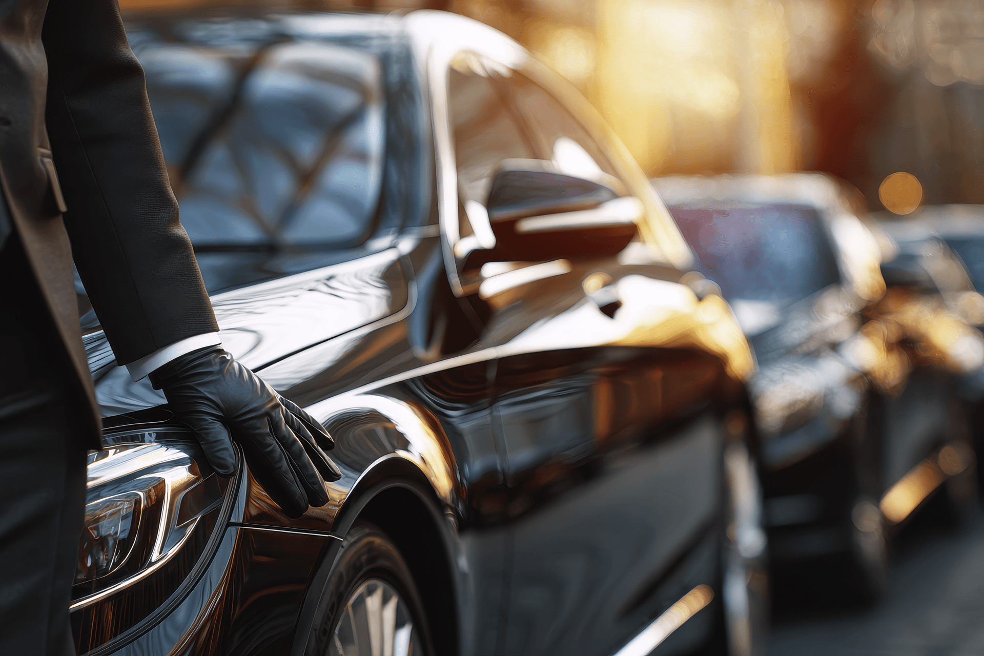 A person wearing a dark suit and black gloves is placing their hand on a sleek, shiny black luxury car, with other cars visible in the background during sunset.