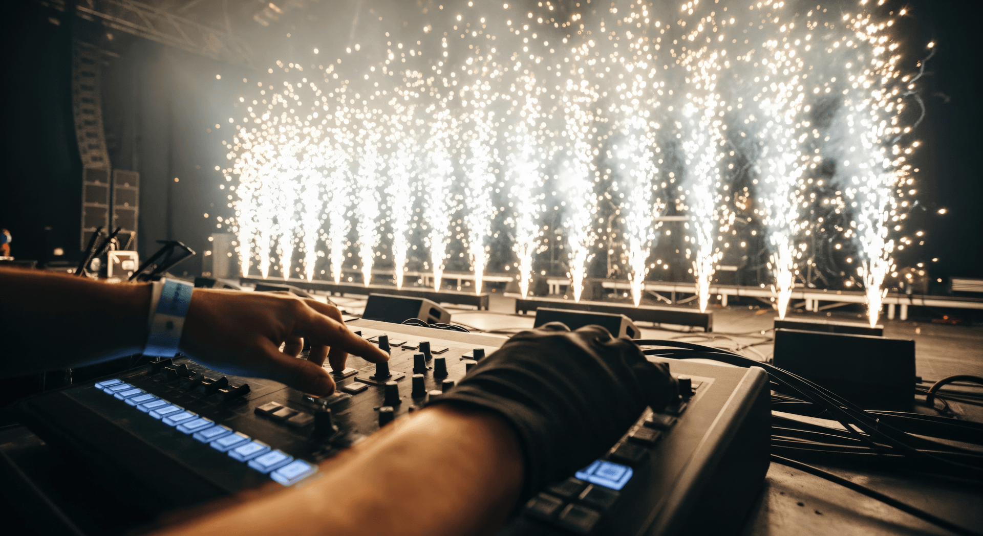 A DJ or music producer operating a mixing console with a stage in the background illuminated by fireworks or pyrotechnics at a concert or event.