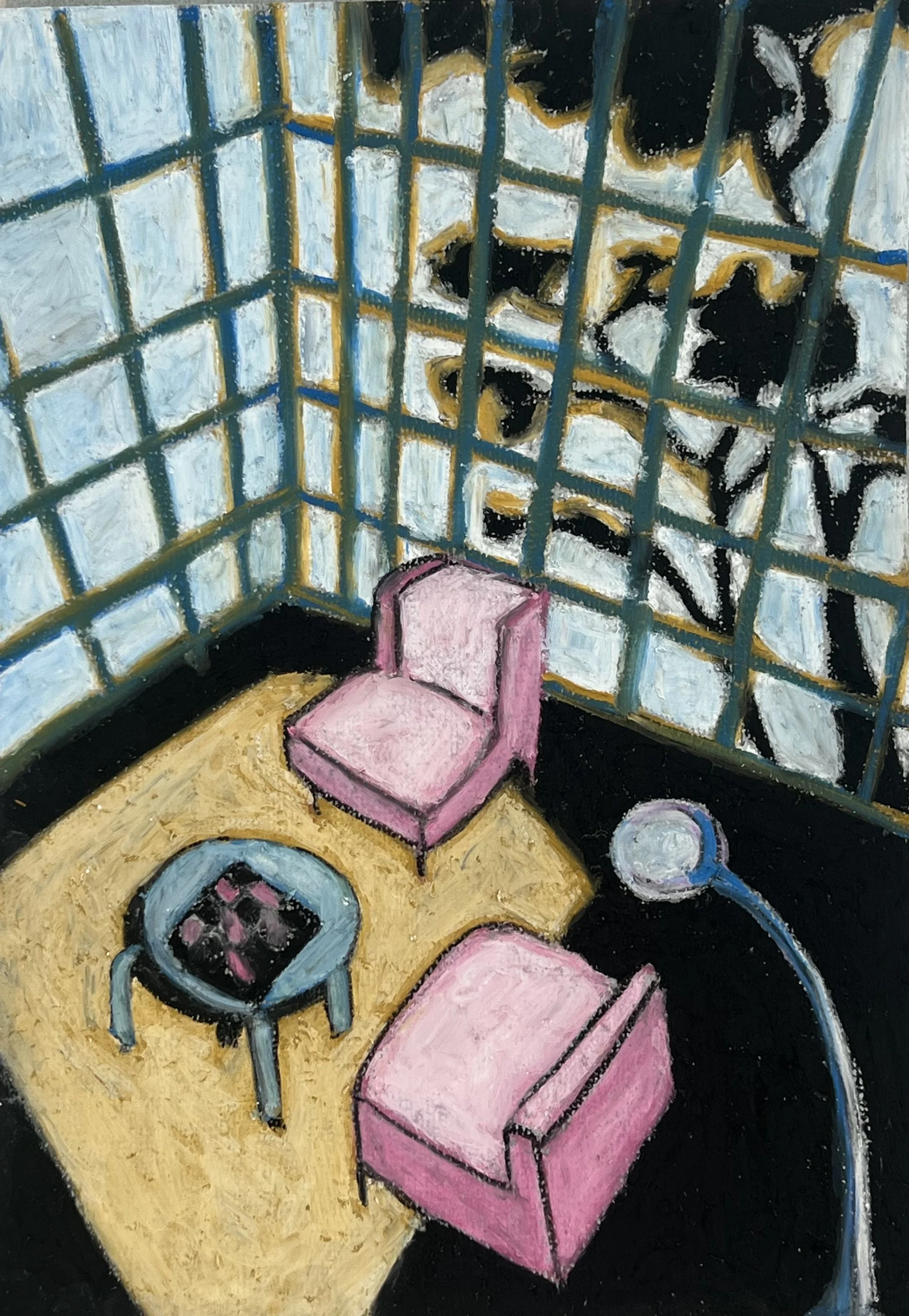 Abstraktes Gemälde mit Gittern, pinker Würfel, schwarzer Hintergrund und bunten Symbolen.