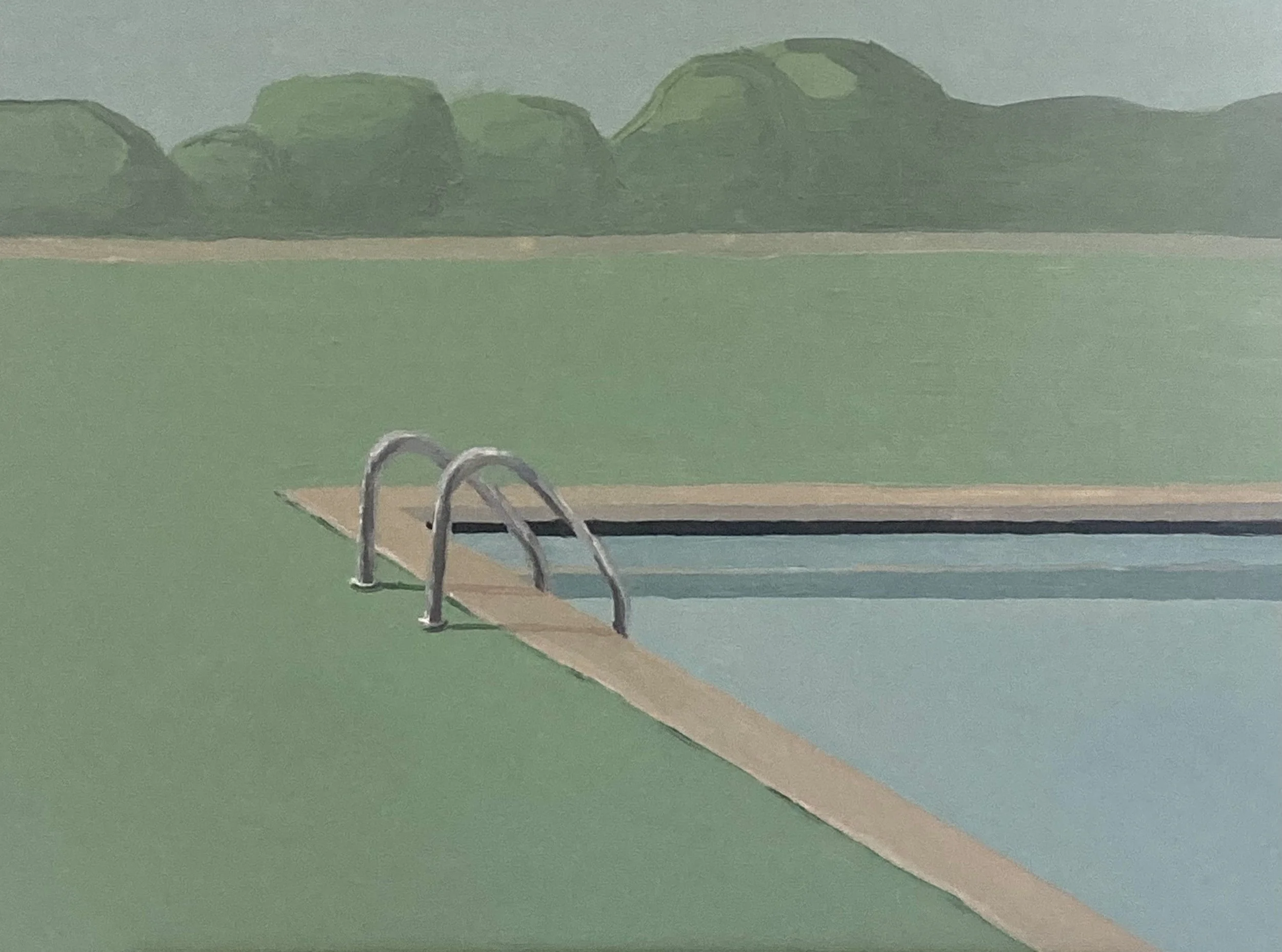 Das Bild zeigt einen Swimmingpool mit einer Leiter, eine Poolmatte auf dem Boden und einen grünen Bereich im Hintergrund.