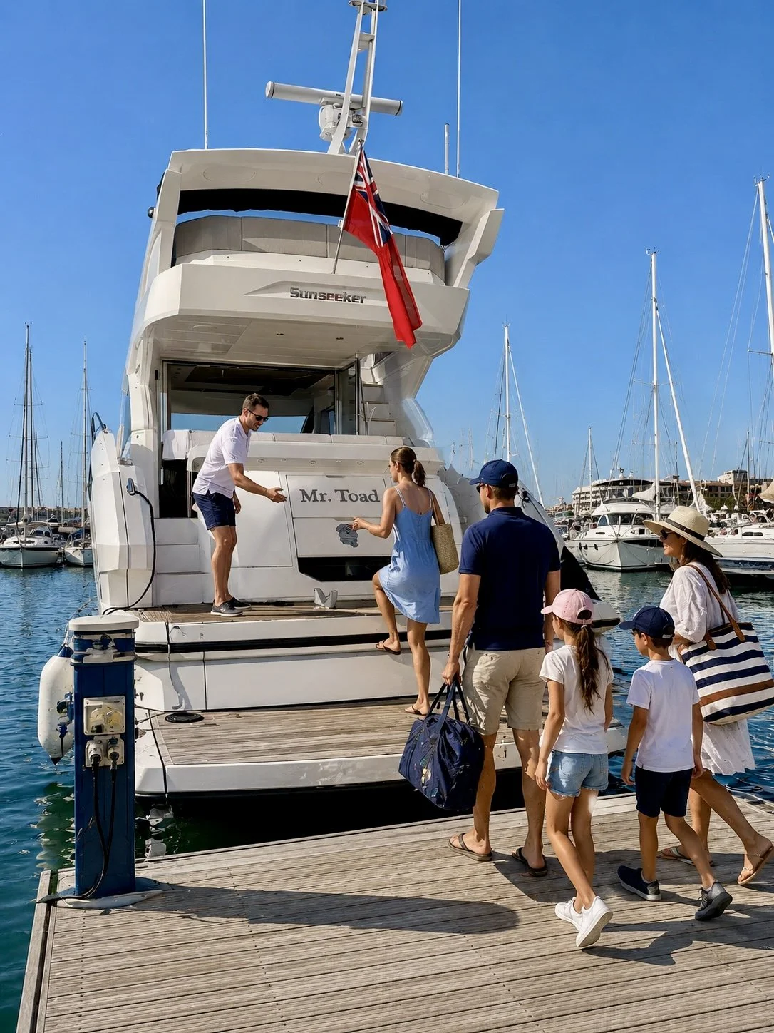 Guests boarding luxury charter yacht Mr. Toad at the marina ahead of a private South Coast cruise.