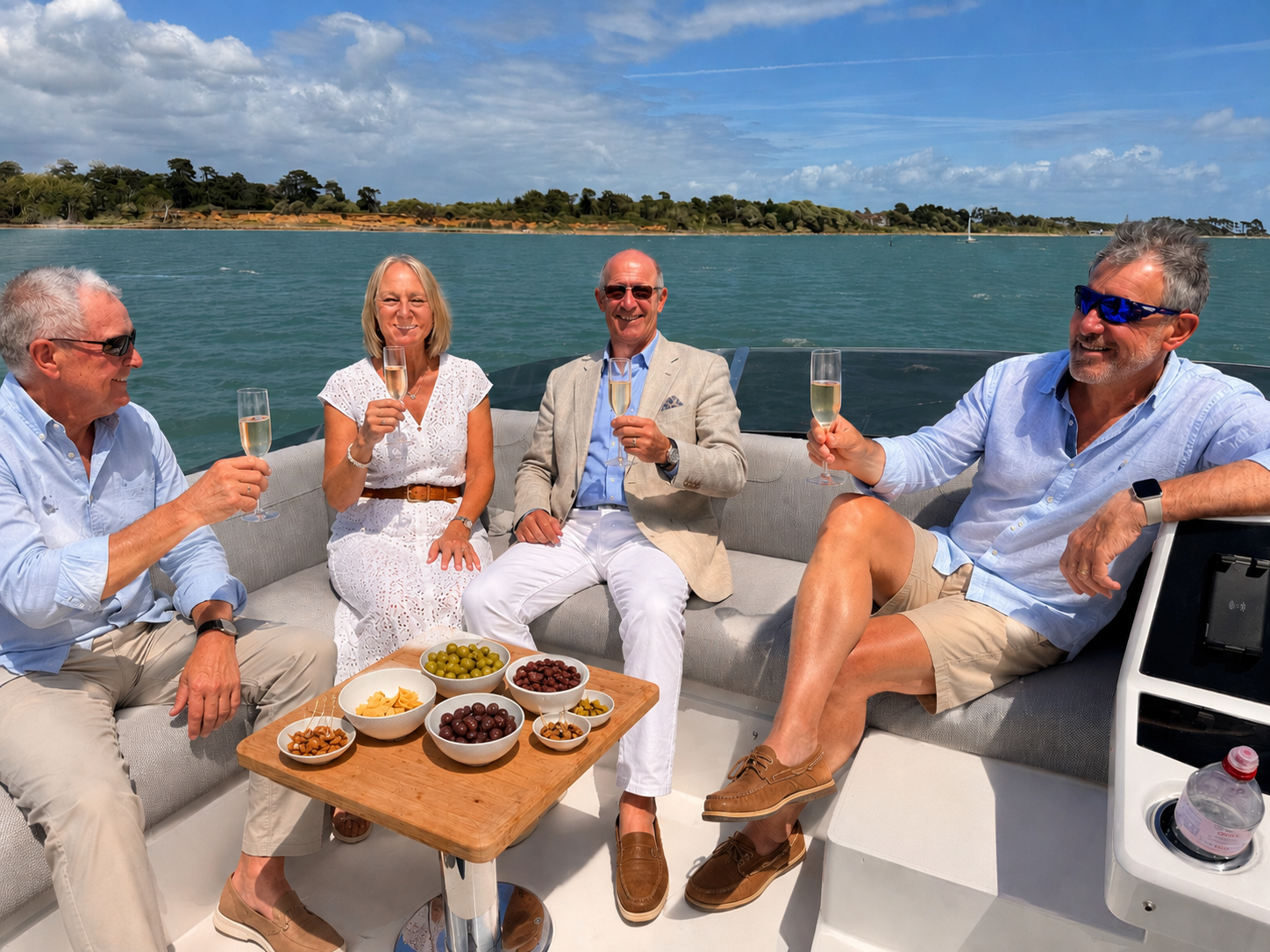 Charter guests raising a champagne toast on board Mr. Toad during a special occasion cruise.
