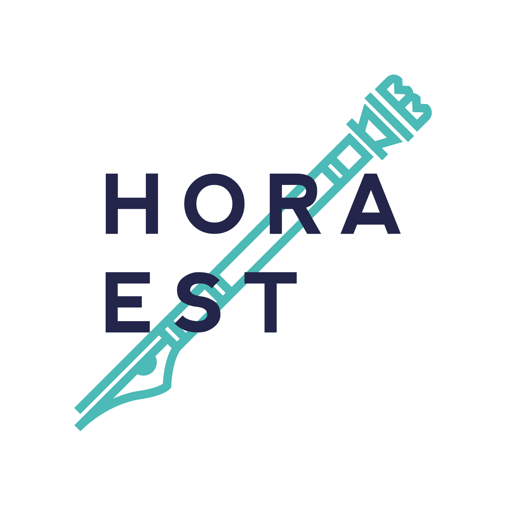 Logo with the words "HORA EST" and a stylized teal pen pointing diagonally upward through the text.