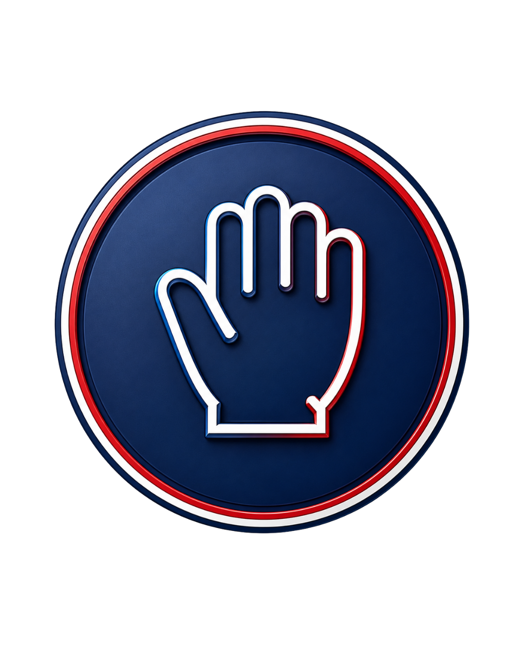Un bouton rond bleu avec un symbole de main levée en contours lumineux blanc, rouge et bleu.