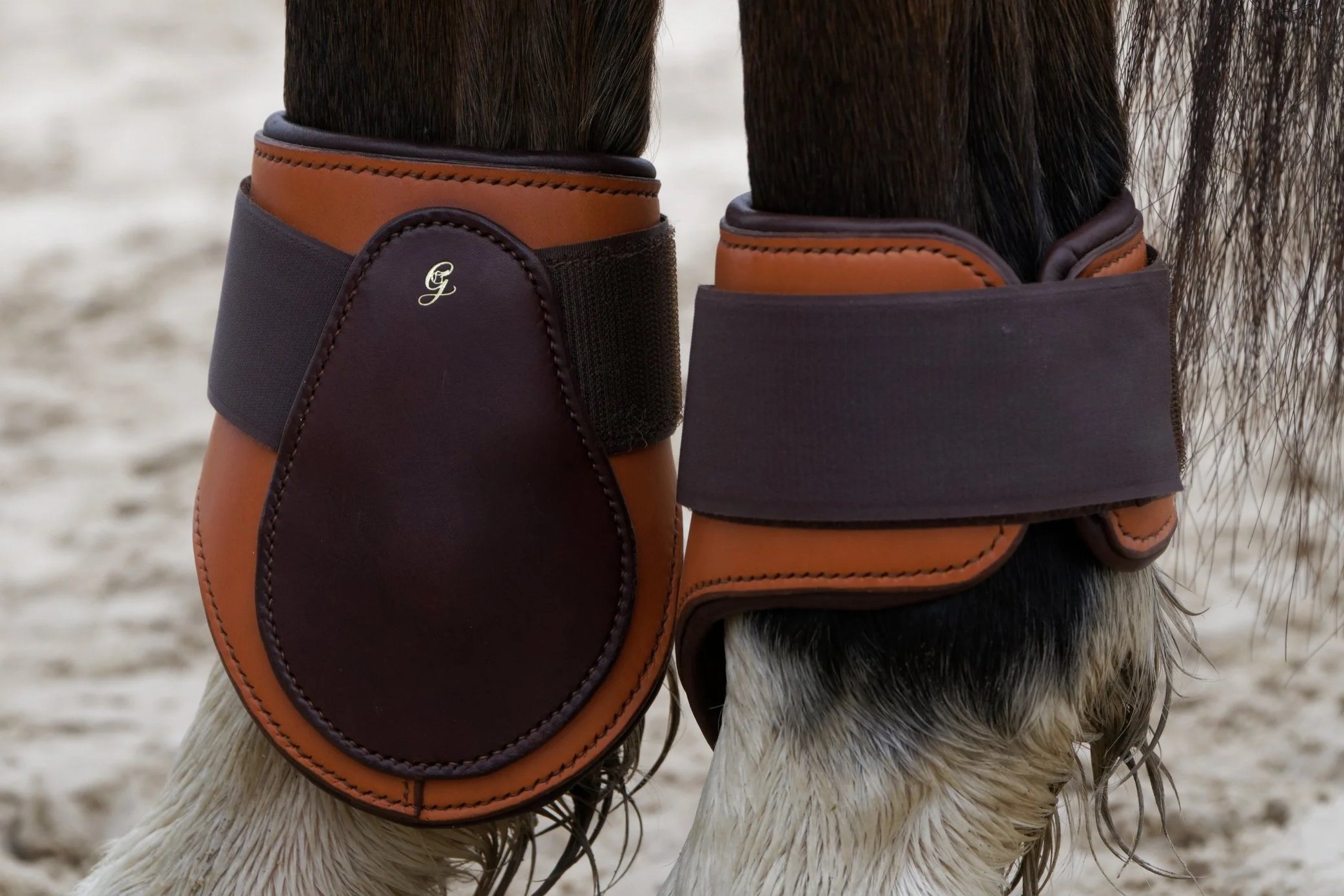 Sabots pour chevaux en cuir marron et noir, attachés autour des pattes d'un cheval.