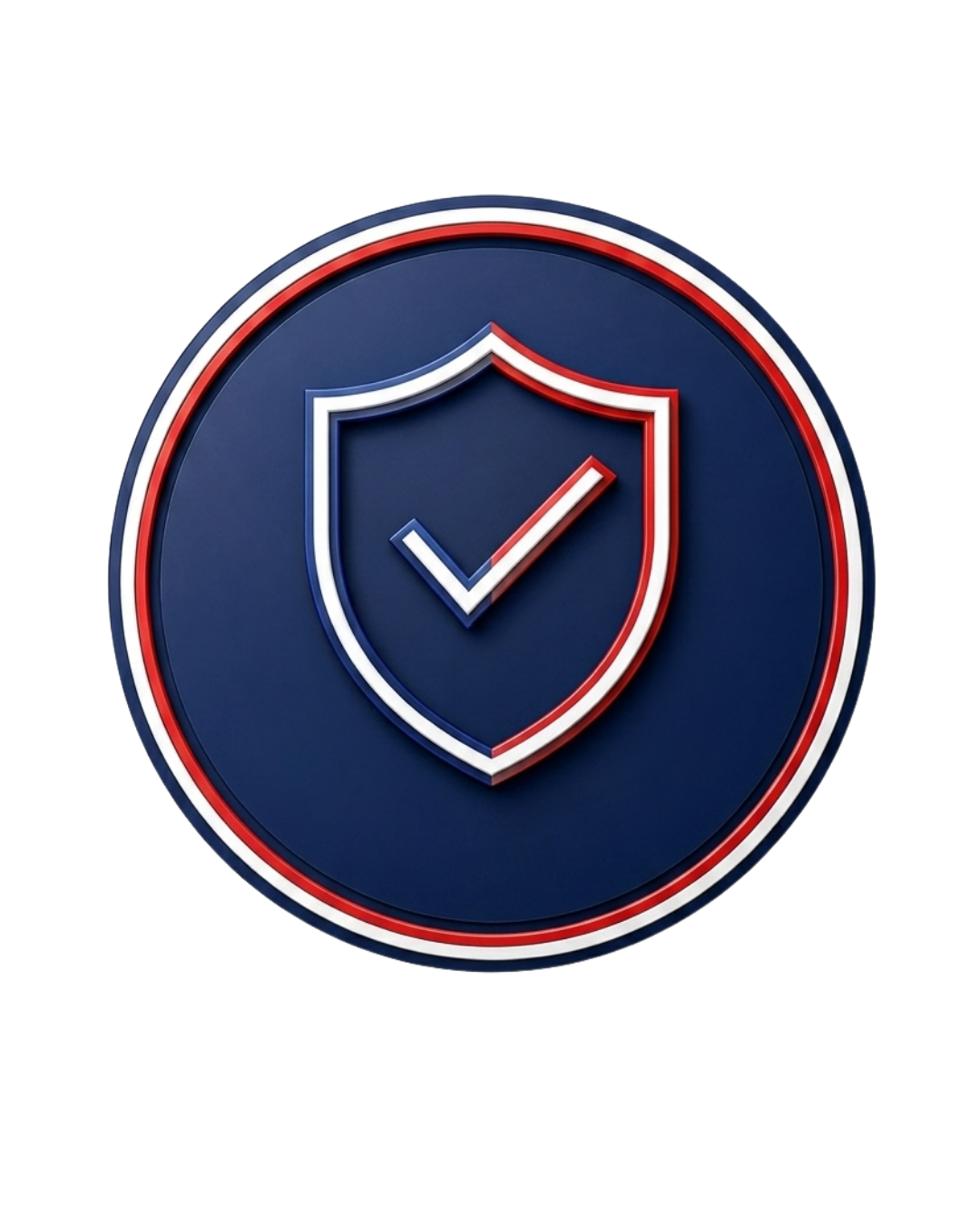 Logo rond bleu avec un écusson en son centre contenant une coche blanche, entouré d’un contour blanc, rouge et bleu.