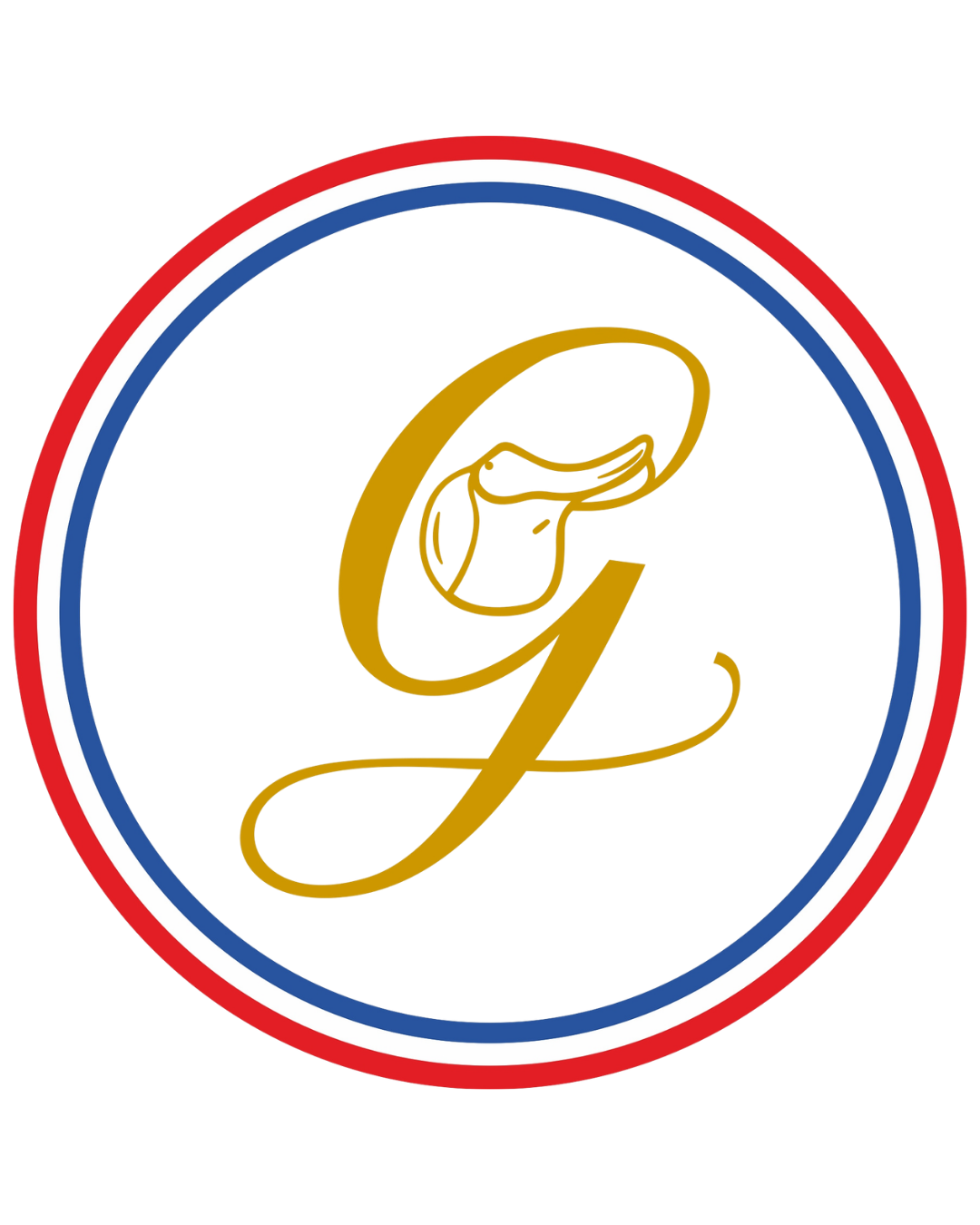 Logo circulaire avec une lettre 'G' stylisée en or, sur un fond bleu, entouré d'un cadre tricolore rouge, blanc, et bleu.